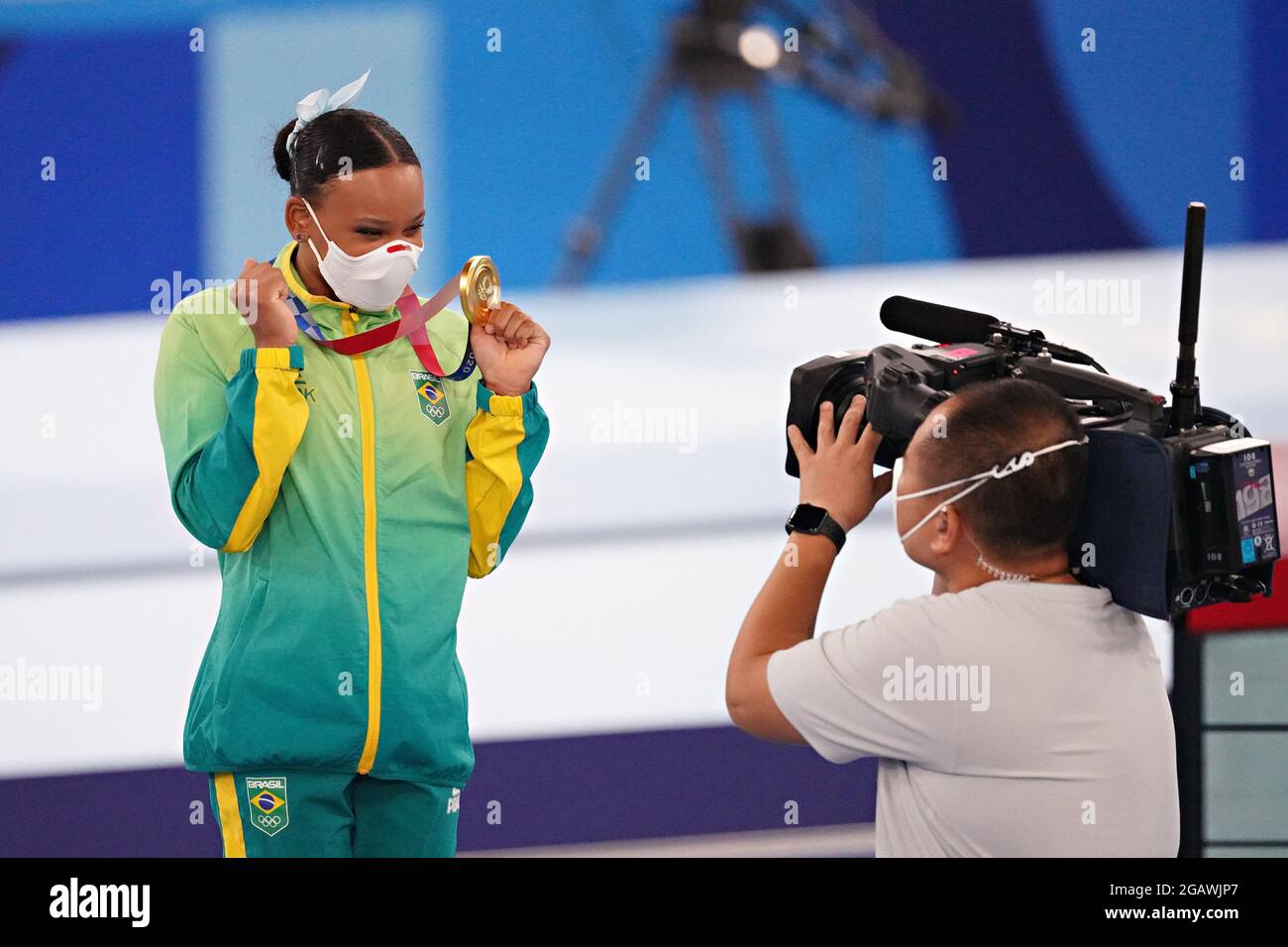 Tokyo, Japan. 01st Aug, 2021. Rebeca Andrade, of Brazil, shows her gold medal to the camera during the presentation ceremony for the Vault in the women's Artistic Gymnastics Individual Apparatus final at the Ariake Gymnastics Centre at the Tokyo Olympic Games in Tokyo, Japan, on Sunday, August 1, 2021. Andrade won gold, Mykayla Skinner, of United States, silver, and Seojeong Yeo, of South Korea, the bronze. Photo by Richard Ellis/UPI Credit: UPI/Alamy Live News Stock Photo