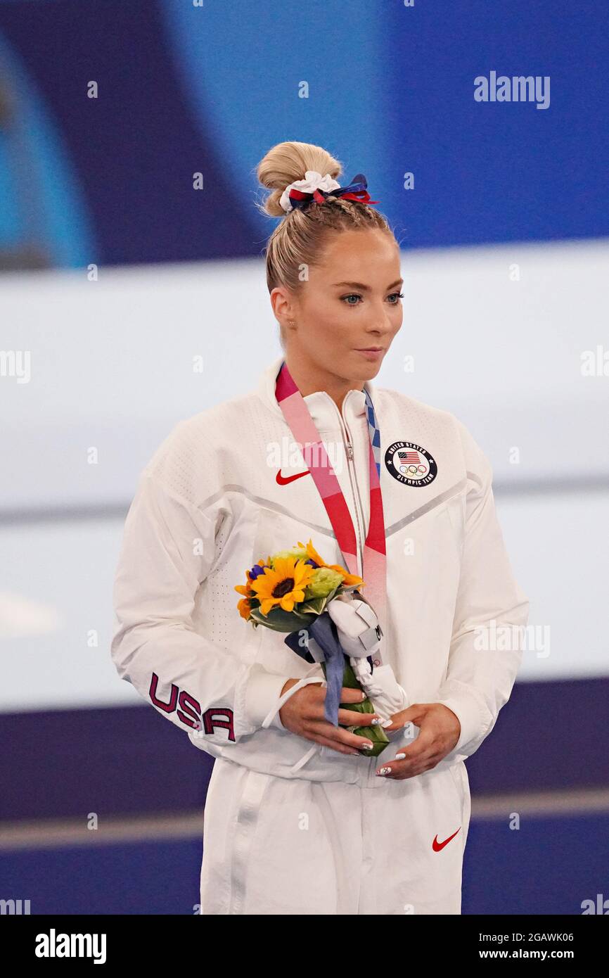 Tokyo, Japan. 01st Aug, 2021. Mykayla Skinner, of United States, during the presentation ceremony for the Vault in the women's Artistic Gymnastics Individual Apparatus final at the Ariake Gymnastics Centre at the Tokyo Olympic Games in Tokyo, Japan, on Sunday, August 1, 2021. Rebeca Andrade won gold, Mykayla Skinner, of United States, silver, and Seojeong Yeo, of South Korea, the bronze. Photo by Richard Ellis/UPI Credit: UPI/Alamy Live News Stock Photo