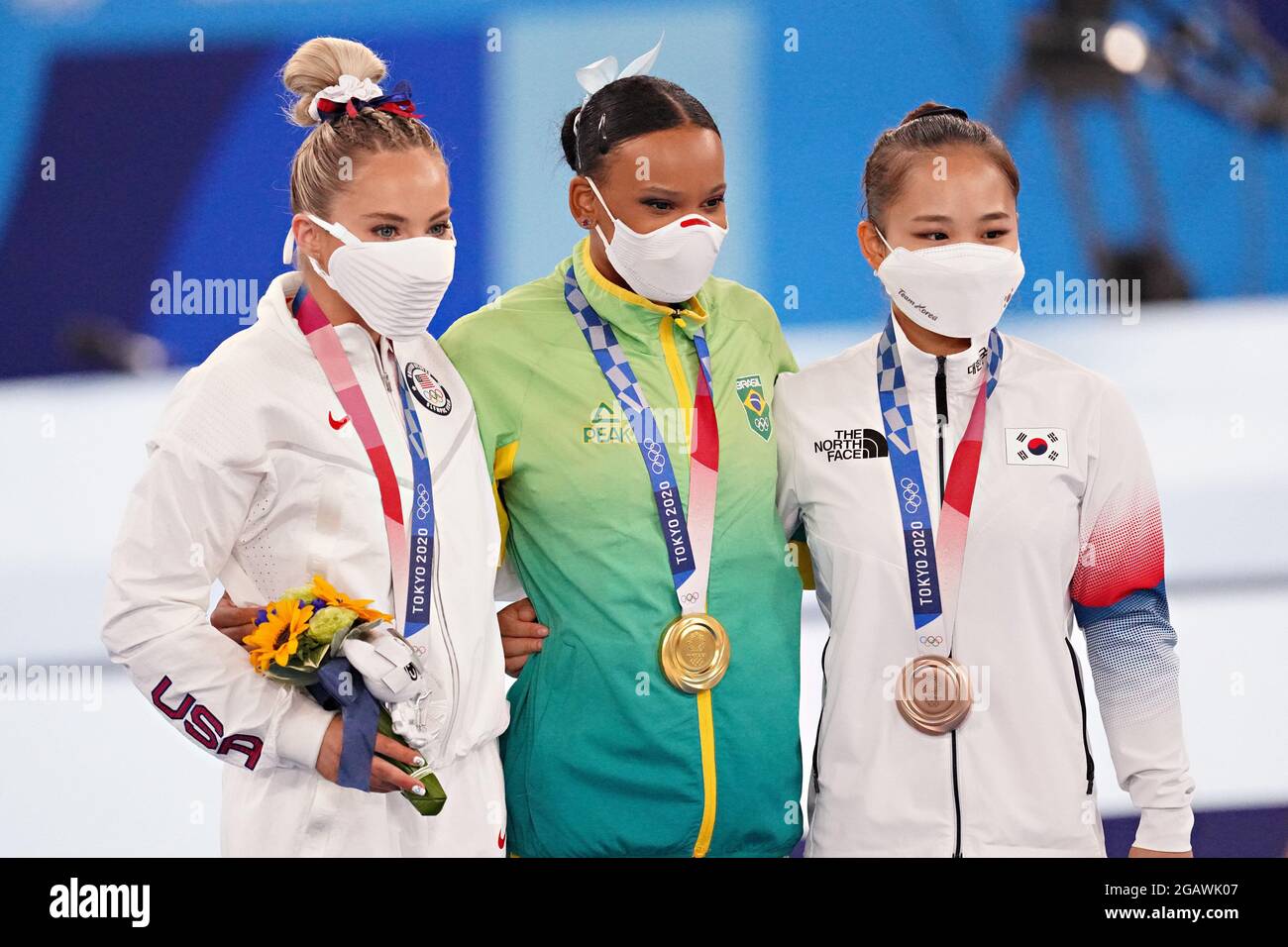 Tokyo, Japan. 01st Aug, 2021. Mykayla Skinner, left, Rebeca Andrade, center, and Seojeong Yeo, pose together during the presentation ceremony for the Vault in the women's Artistic Gymnastics Individual Apparatus final at the Ariake Gymnastics Centre at the Tokyo Olympic Games in Tokyo, Japan, on Sunday, August 1, 2021. Rebeca Andrade won gold, Mykayla Skinner, of United States, silver, and Seojeong Yeo, of South Korea, the bronze. Photo by Richard Ellis/UPI Credit: UPI/Alamy Live News Stock Photo
