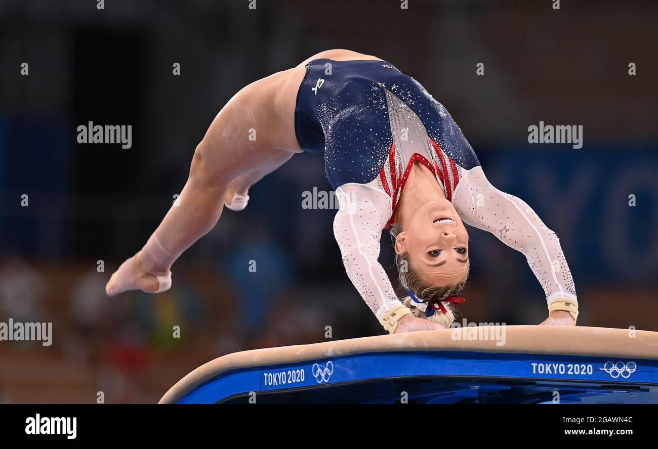 (210801) -- TOKYO, Aug. 1, 2021 (Xinhua) -- Mykayla Skinner of the United States competes during the women's vault final of the artistic gymnastics competition at Tokyo 2020 Olympic Games in Tokyo, Japan, on Aug. 1, 2021. (Xinhua/Cheng Min) Stock Photo