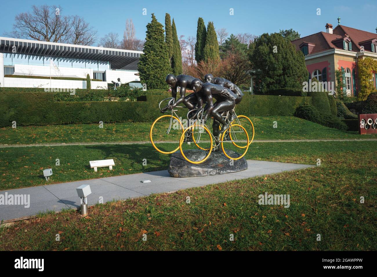 Olympia, cyclists  sculpture by Gabor Mihaly, 1993 at Olympic Museum - Lausanne, Switzerland Stock Photo