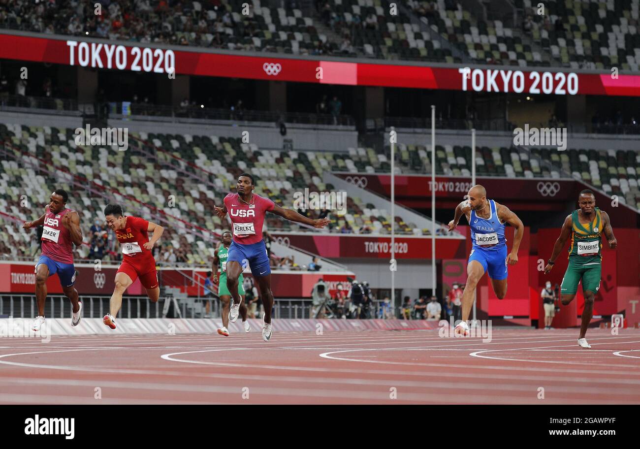 Lamont Marcell Jacobs of Italy (2nd-R) wins gold in Men's 100M as USA's Fred Kerley (3rd-L) takes silver at the Athletics competition during the Tokyo Summer Olympics in Tokyo, Japan, on Sunday, August 1, 2021.  Jacobs had a time of 9.80 seconds.   Photo by Bob Strong/UPI Stock Photo