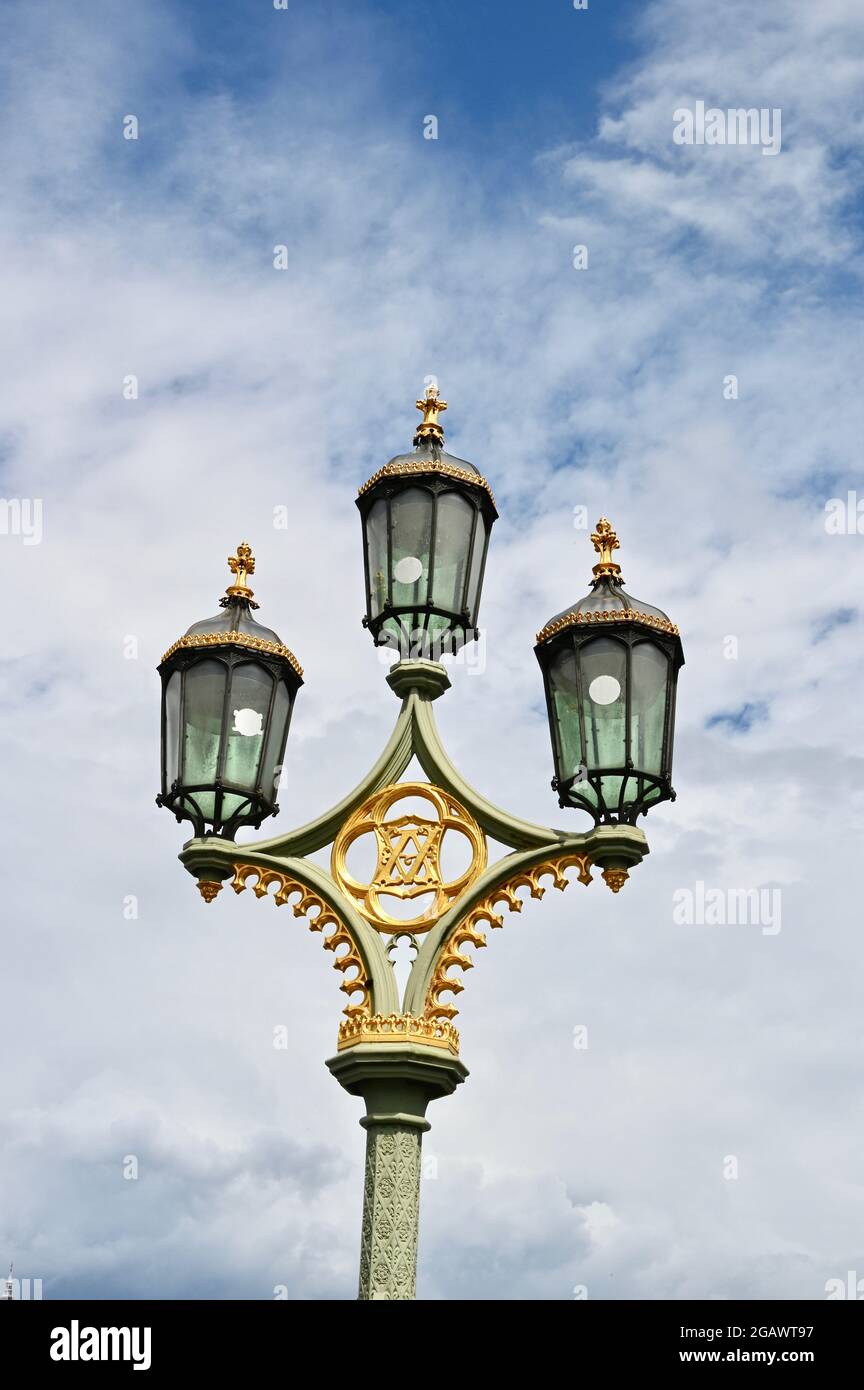 Ornate Gothic Revival Triple Lamp Standard, Westminster Bridge, Westminster, London. UK Stock Photo