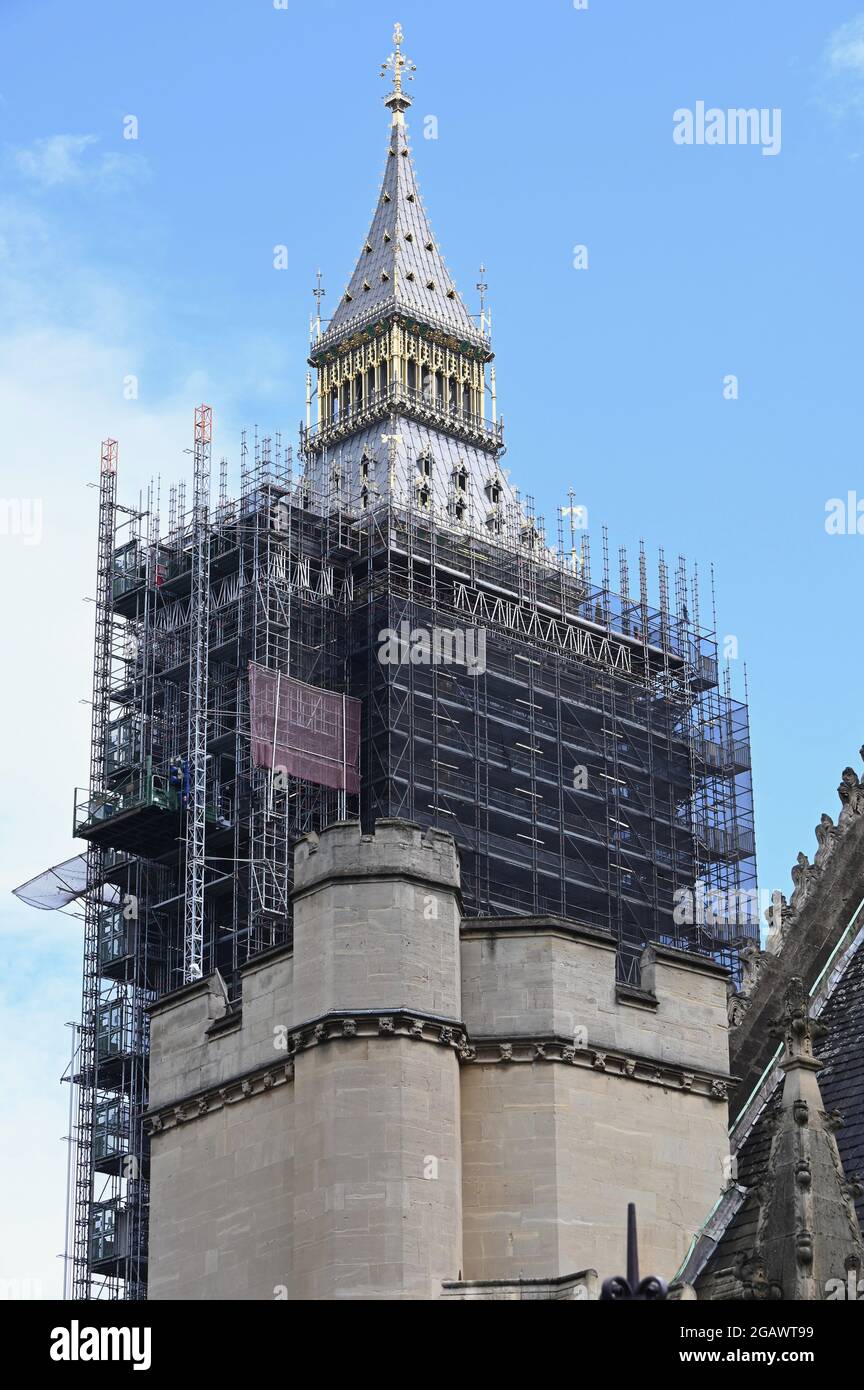 Big Ben undergoing renovation, Houses of Parliament, Westminster, London. UK Stock Photo