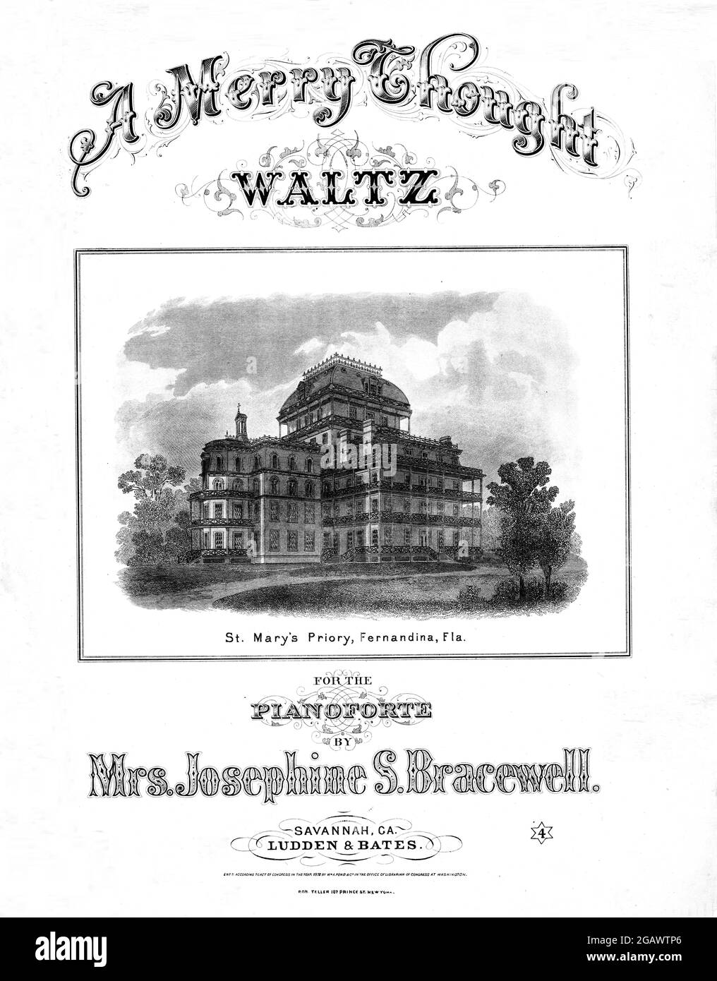 A Merry Thought Waltz, 1872 sheet music featuring a lithograph of St. Mary's Priory, Fernandina, Florida, by a female composer Stock Photo