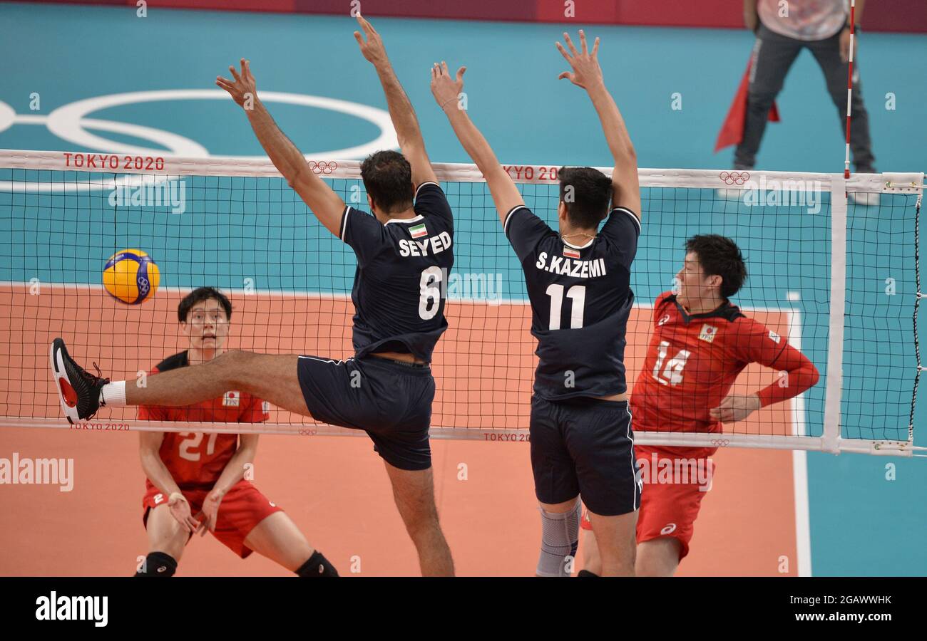 Tokyo, Japan. 01st Aug, 2021. Japan's Ran Takahashi (L) and teammate Yuki Ishikawa (R) are unable to prevent a score by Iran's Seyed Mohammad Mousavi Eraghi (6) and Saber Kazemi (11) during Men's volleyball competition at the Tokyo 2020 Olympics, Sunday, August 1, 2021, in Tokyo, Japan. The match went to five sets, Japan winning 25-21, 20-25, 29-31, 25-22 and 15-13. Photo by Mike Theiler/UPI Credit: UPI/Alamy Live News Stock Photo