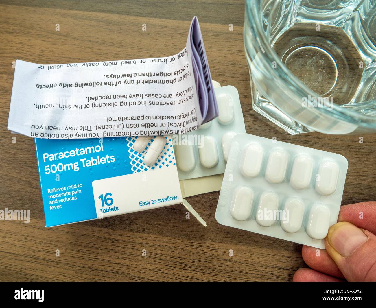 Closeup POV shot of a man’s fingers holding paracetamol tablets next to the product box, with the instructions on top, with a glass of water nearby. Stock Photo