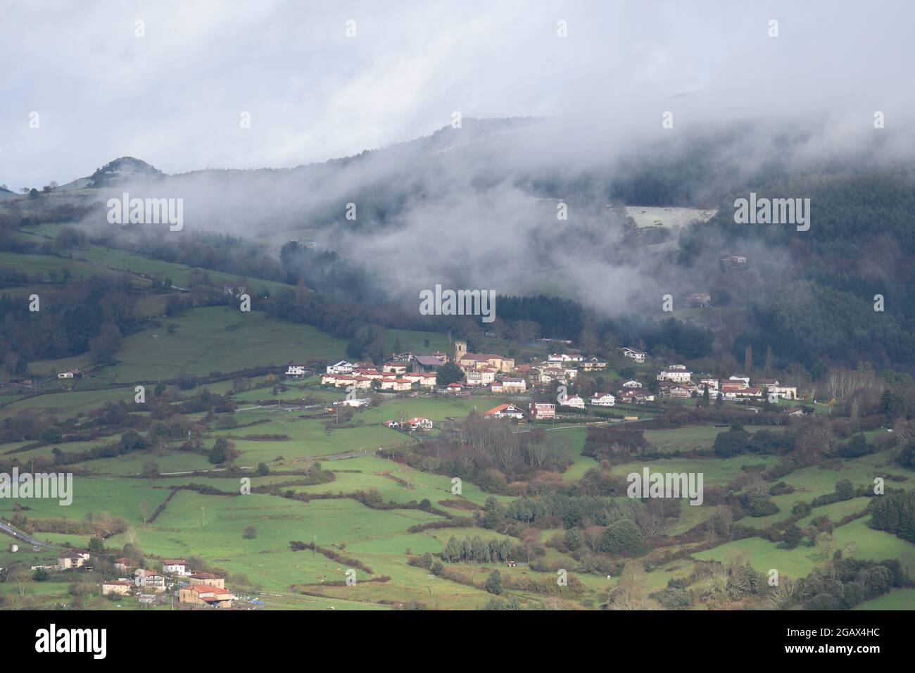 Basque Valley S Basque valleys in the mist from the snowy Mount Kolitxa Stock Photo - Alamy