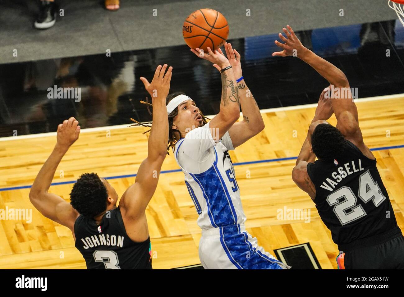 Orlando, Florida, USA, April 12, 2021, Orlando Magic Point Guard Cole Anthony #50 attempt to make a basket against the San Antonio Spurs at the Amway Center  (Photo Credit:  Marty Jean-Louis) Stock Photo