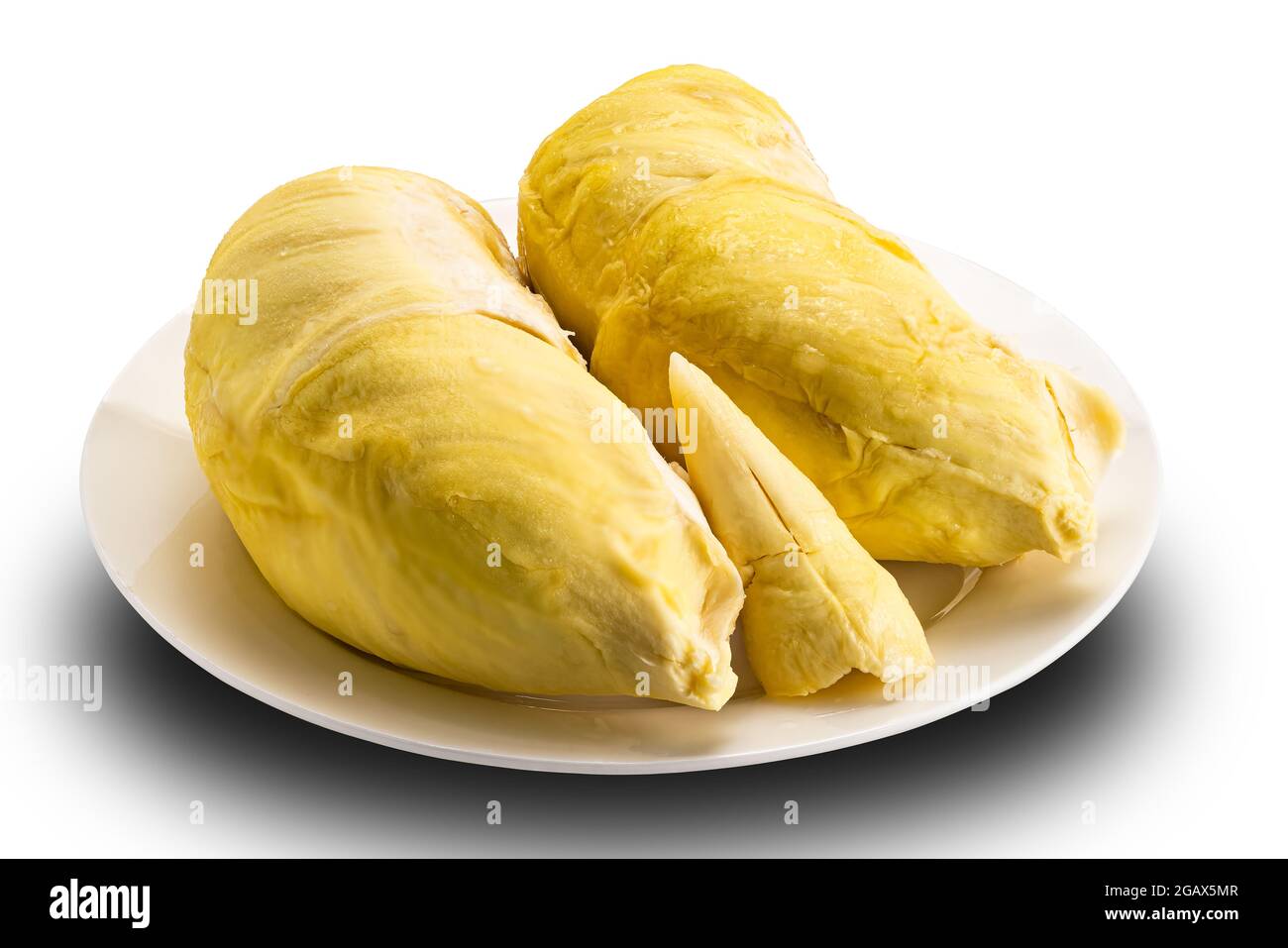 Ripe durian in white ceramic plate on white background with clipping path. Stock Photo
