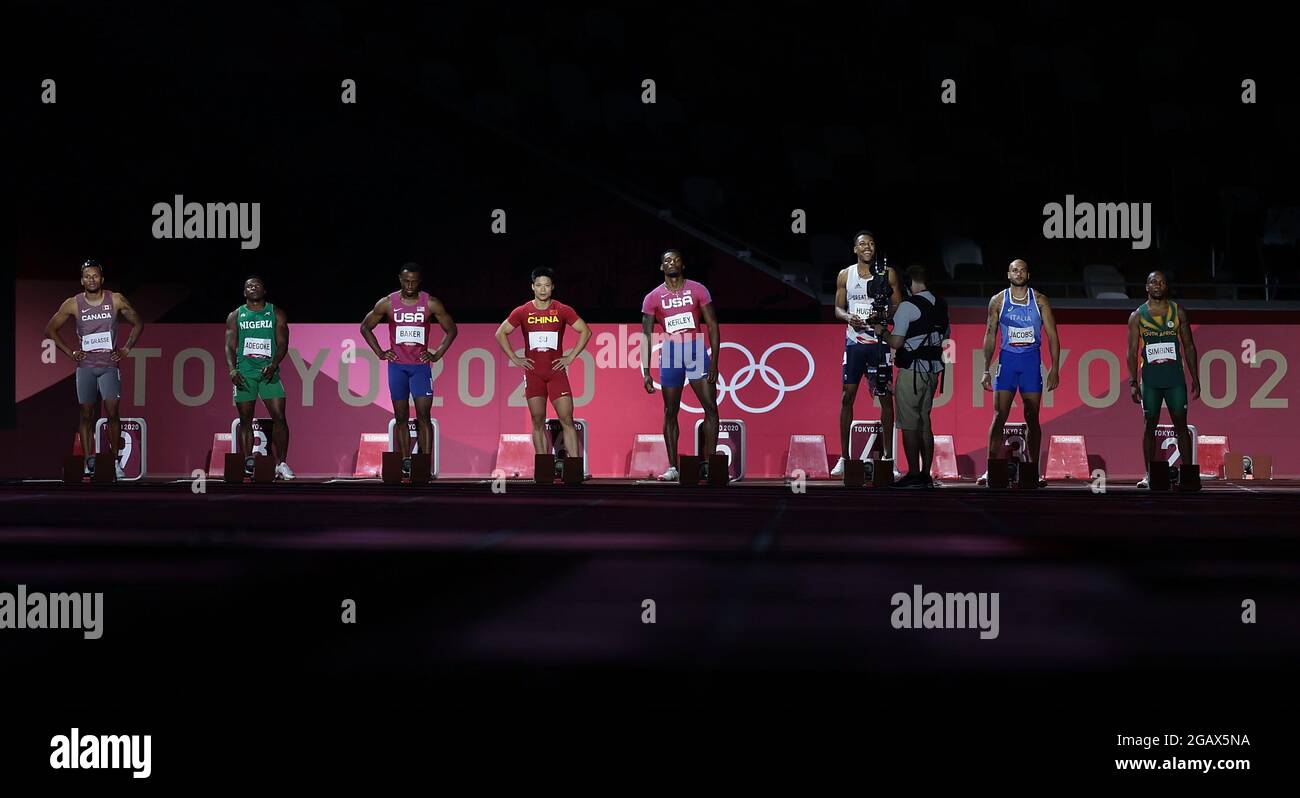 Tokyo, Japan. 1st Aug, 2021. Athletes attend the Men's 100m Final at the Tokyo 2020 Olympic Games in Tokyo, Japan, Aug. 1, 2021. Credit: Li Gang/Xinhua/Alamy Live News Stock Photo