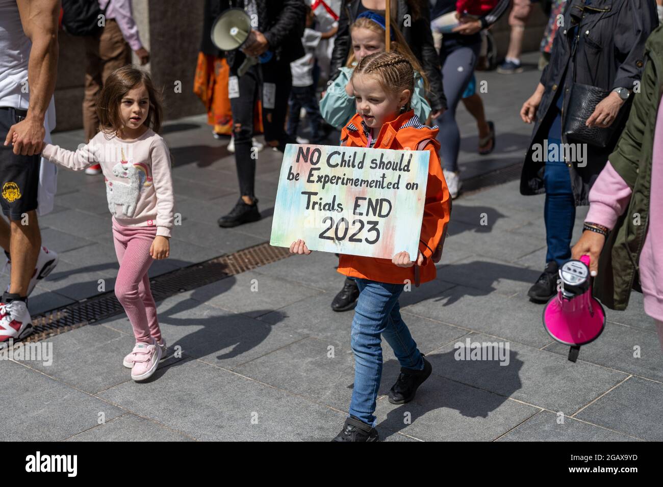 London, UK - July 31 2021: The Children's Anti-Vaccine March from the London Eye to Trafalgar Square Credit: Thomas Eddy/Alamy Live News Stock Photo