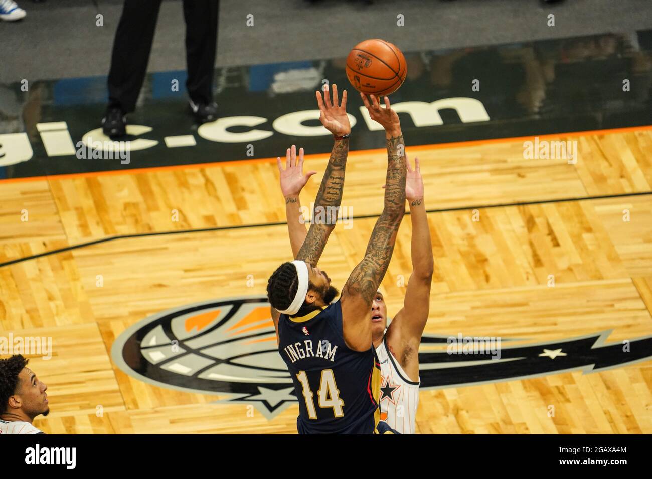 Orlando, Florida, USA, February 19, 2021, New Orleans Pelicans Small Forward Brandon Ingram #14 attempt to make a basket during the game against the Orlando Magic at the Amway Center  (Photo Credit:  Marty Jean-Louis) Stock Photo