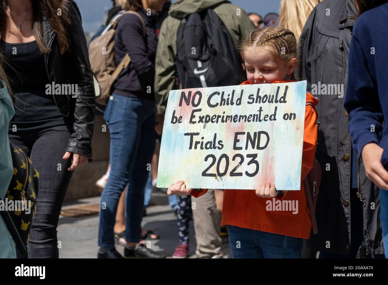 London, UK - July 31 2021: The Children's Anti-Vaccine March from the London Eye to Trafalgar Square Credit: Thomas Eddy/Alamy Live News Stock Photo