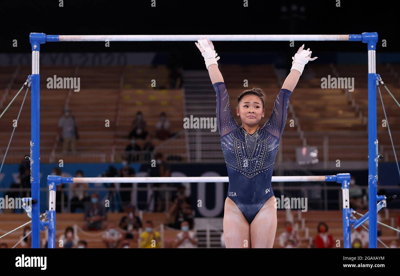 Tokyo, Japan. 1st Aug, 2021. Sunisa Lee of the United States reacts ...