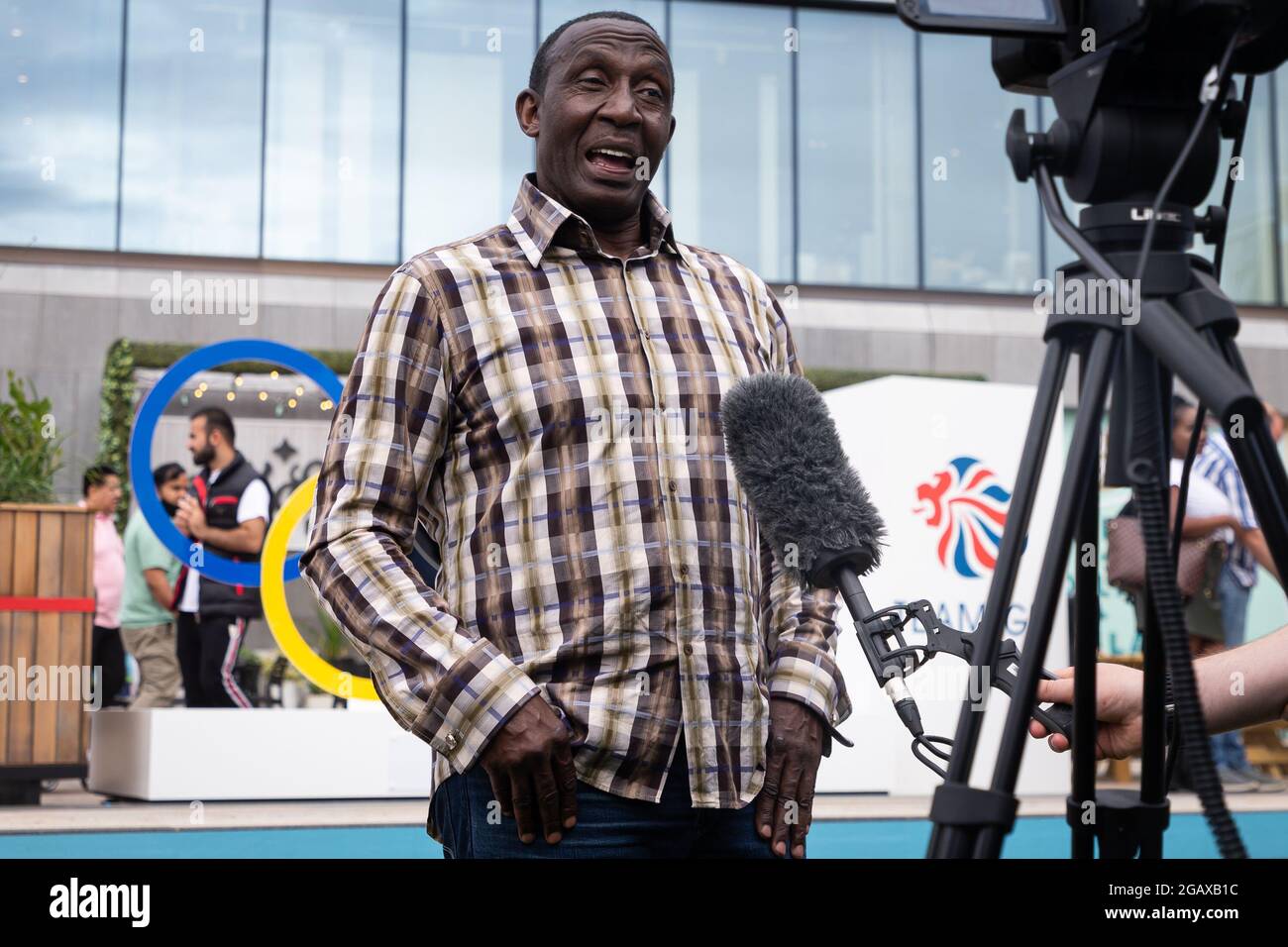 LONDON, UK. JULY 31ST. Linford Christie at the Tokyo 2020 Olympics fanzone area at Westfield London on July 31st 2021 in London, England. (Credit: Tejas Sandhu | MI News) Stock Photo