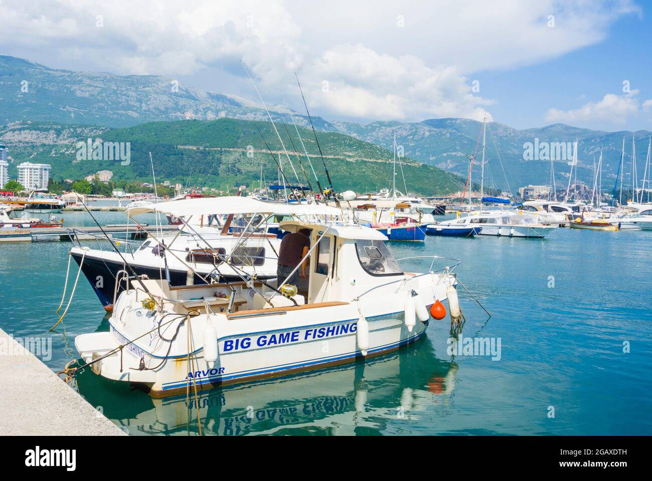 Big game fishing boat, Dukley Marina, Budva, Montenegro, Europe Stock Photo