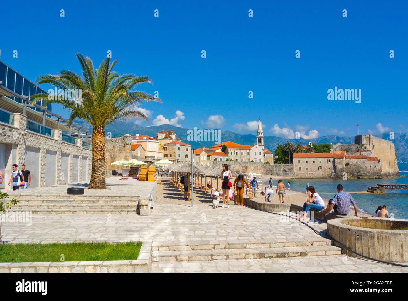 View from behind Ricardova glava, Richard's Head beach, Budva, Montenegro Stock Photo