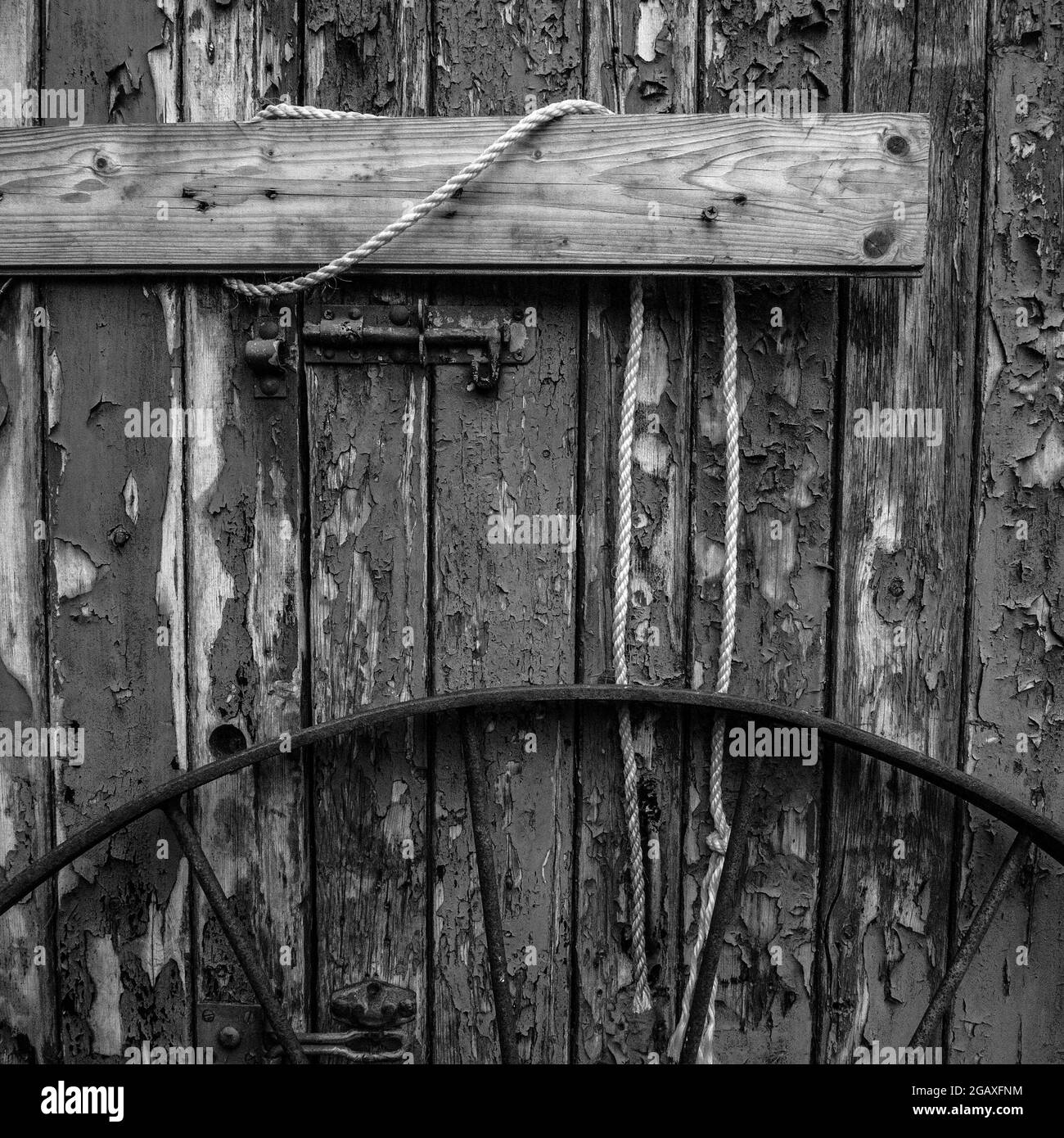 Old Barn Door with peeling paint, monochrome Stock Photo