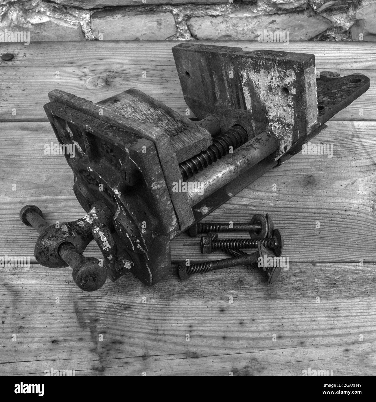 Old woodworking vice, monochrome Stock Photo