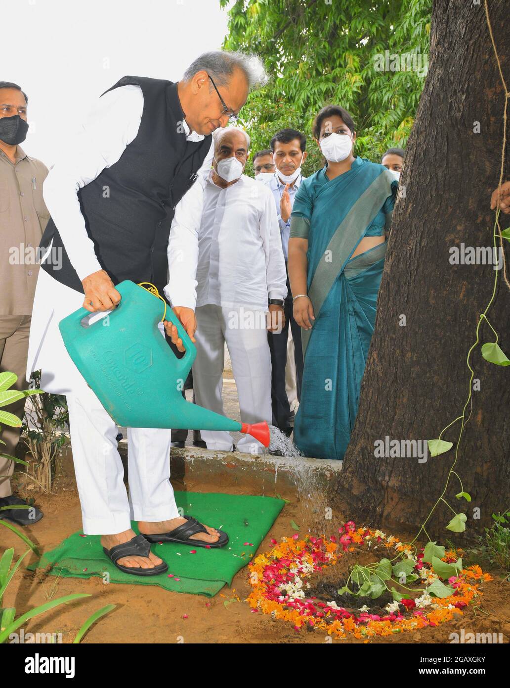 Chief Minister Ashok Gehlot launches door-to-door medicinal plants distribution scheme in Jaipur. Ayurvedic medicines were extensively used to increase immunity of people during Coronavirus pandemic period. Seeing this demand, Rajasthan government will distribute two saplings each of Tulsi, Giloy, Kalmegh and Ashwagandha free of cost to every house in the state. (Photo by Sumit Saraswat/Pacific Press) Stock Photo