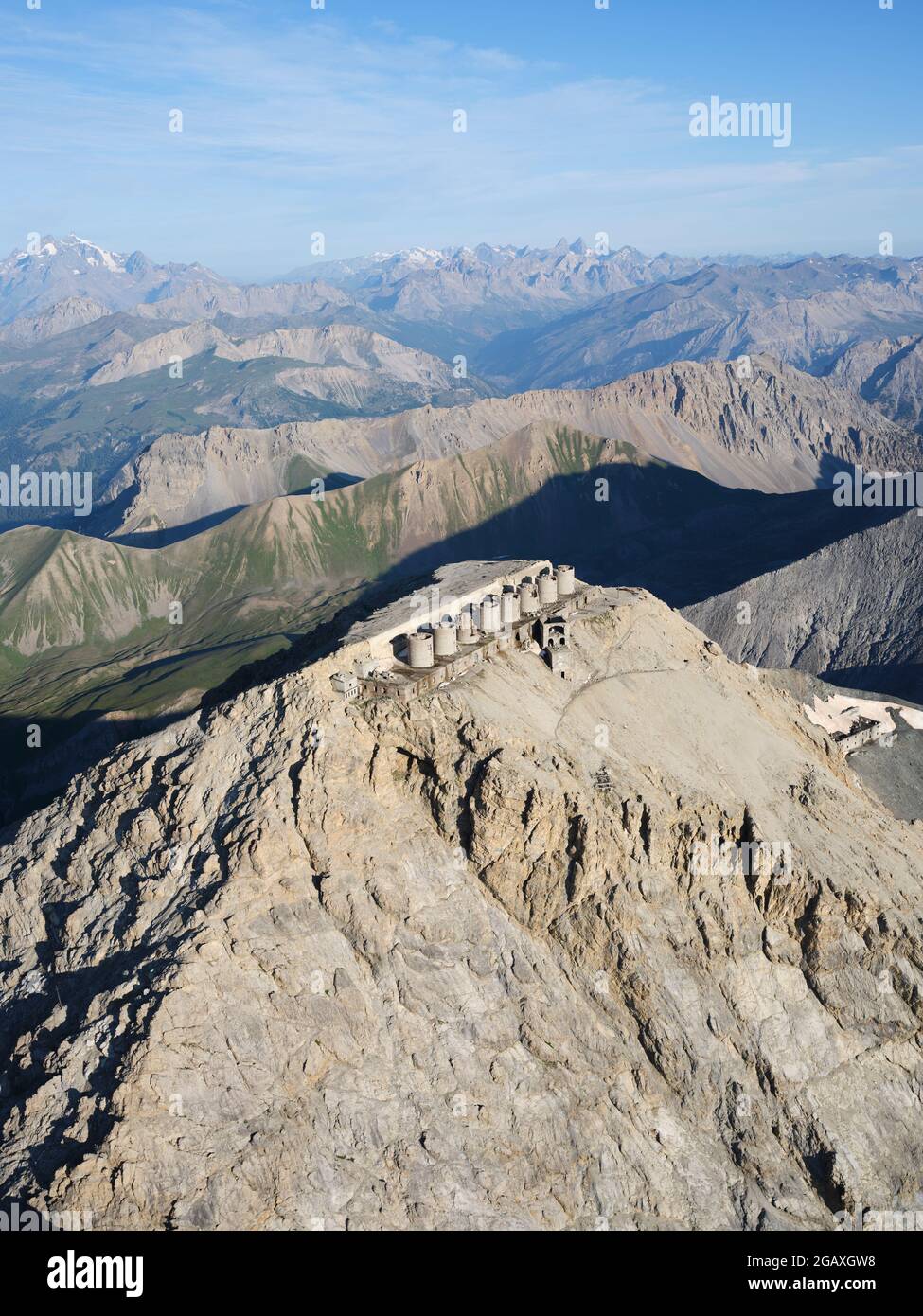AERIAL VIEW. Battery of Mont Chaberton, Europe's highest fortification at an altitude of 3131 meters asl. Montgenèvre, Hautes-Alpes, France. Stock Photo