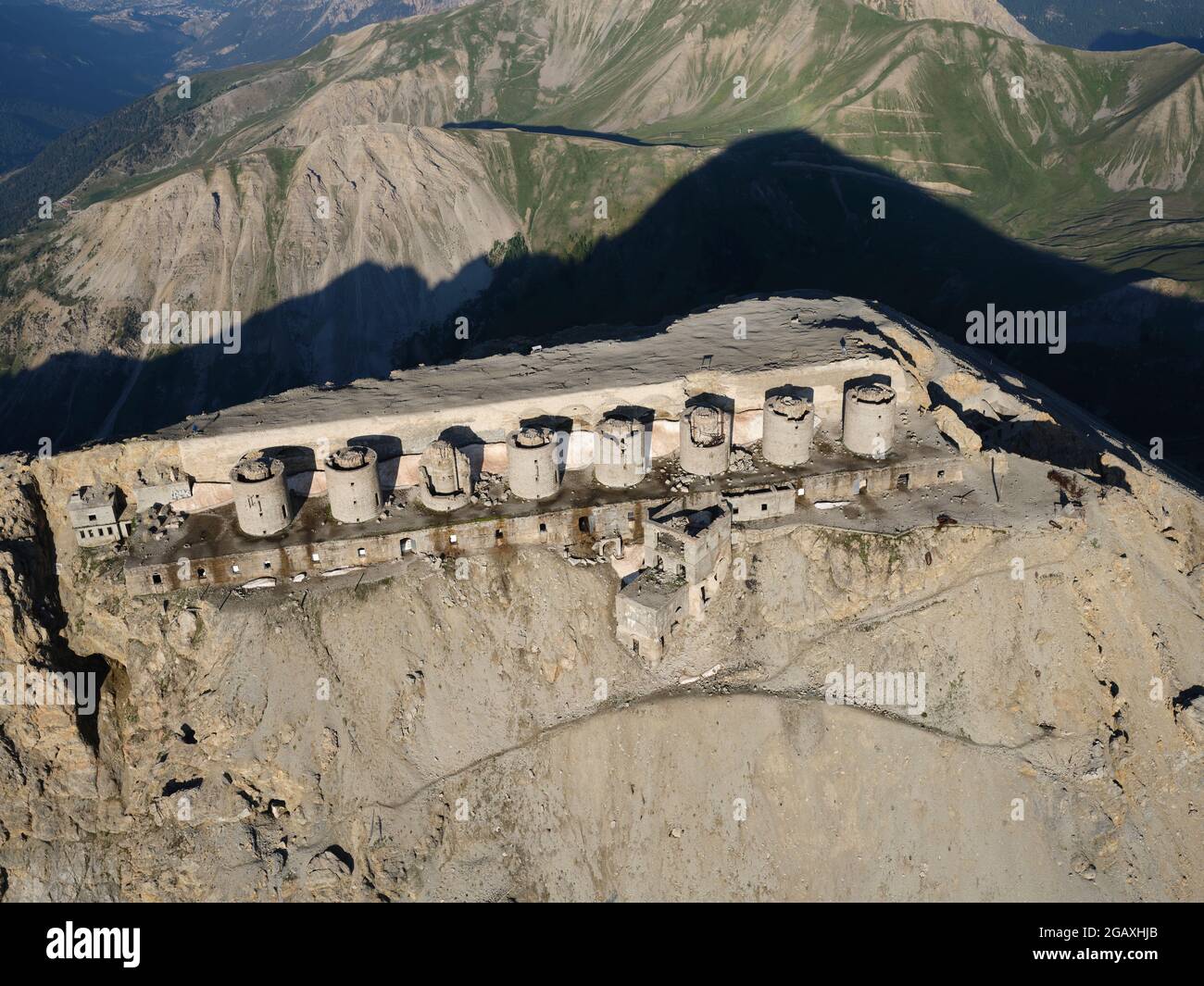 AERIAL VIEW. Battery of Mont Chaberton, Europe's highest fortification at an altitude of 3131 meters asl. Montgenèvre, Hautes-Alpes, France. Stock Photo