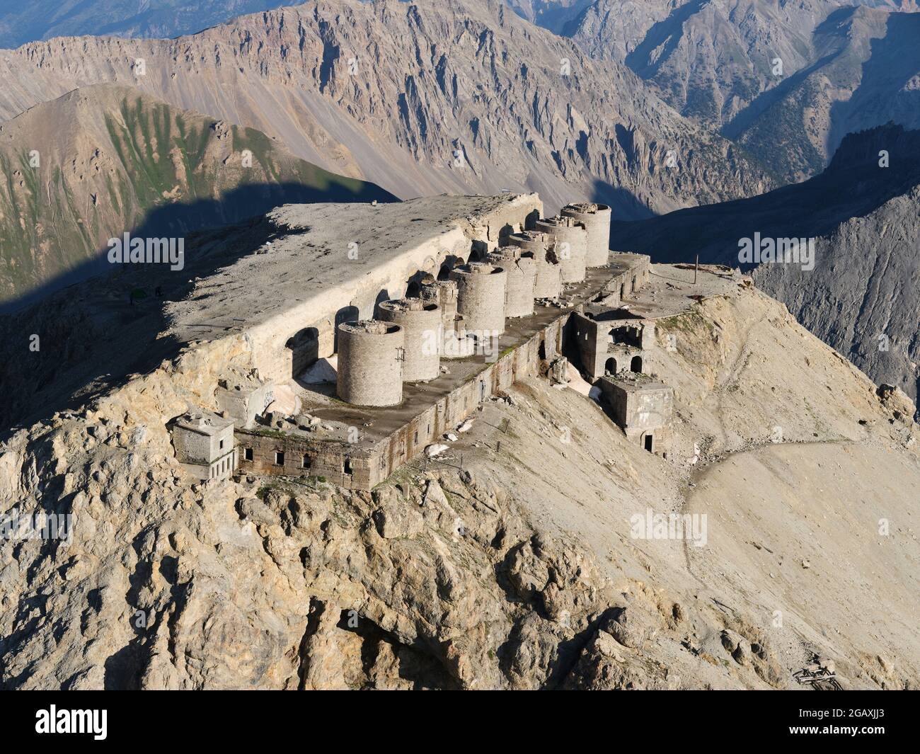 AERIAL VIEW. Battery of Mont Chaberton, Europe's highest fortification at an altitude of 3131 meters asl. Montgenèvre, Hautes-Alpes, France. Stock Photo