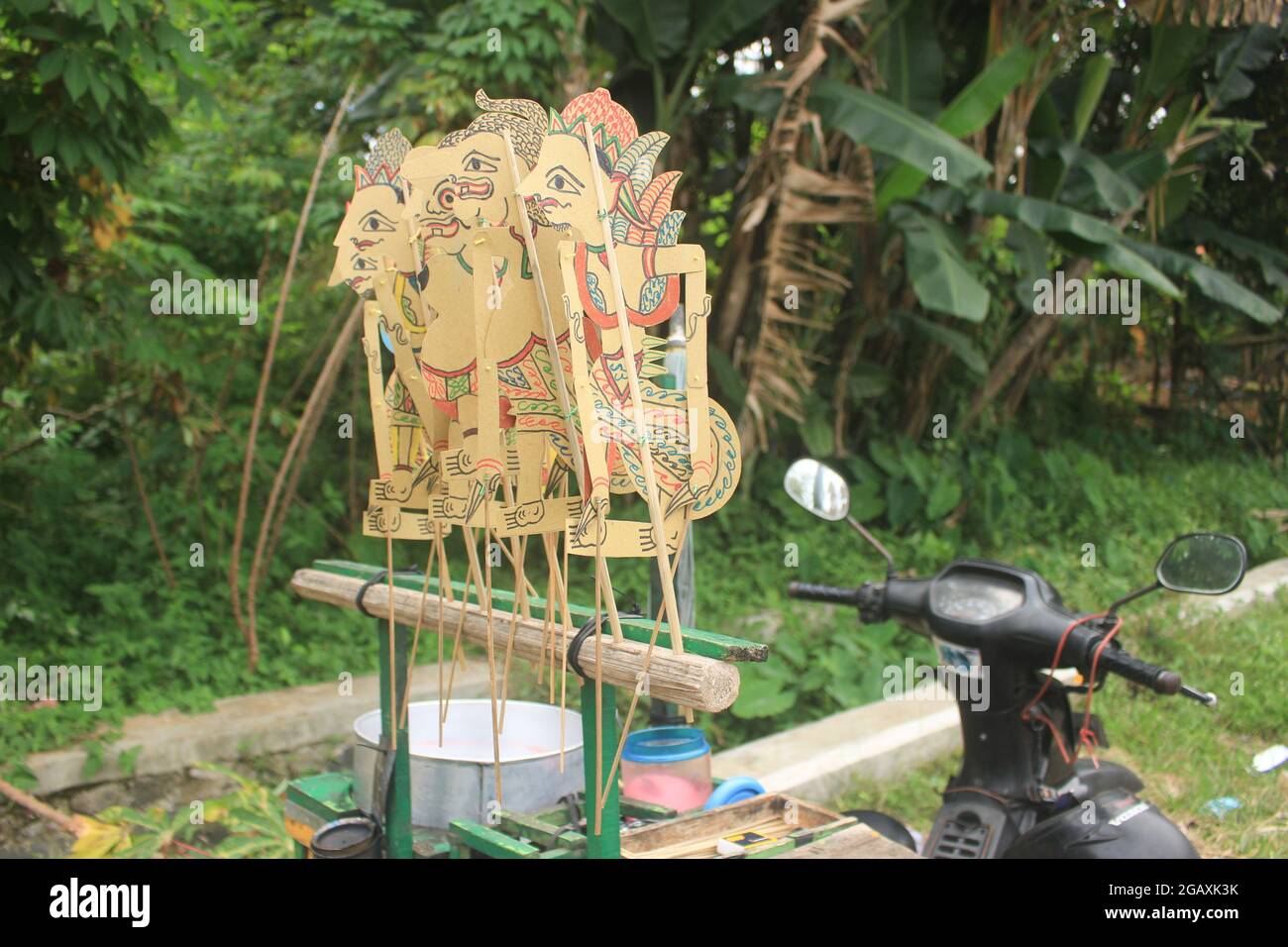 A handcrafted leather puppet decoration from Indonesia, wayang is a native Indonesian art and has been registered as a world heritage by UNESCO Stock Photo