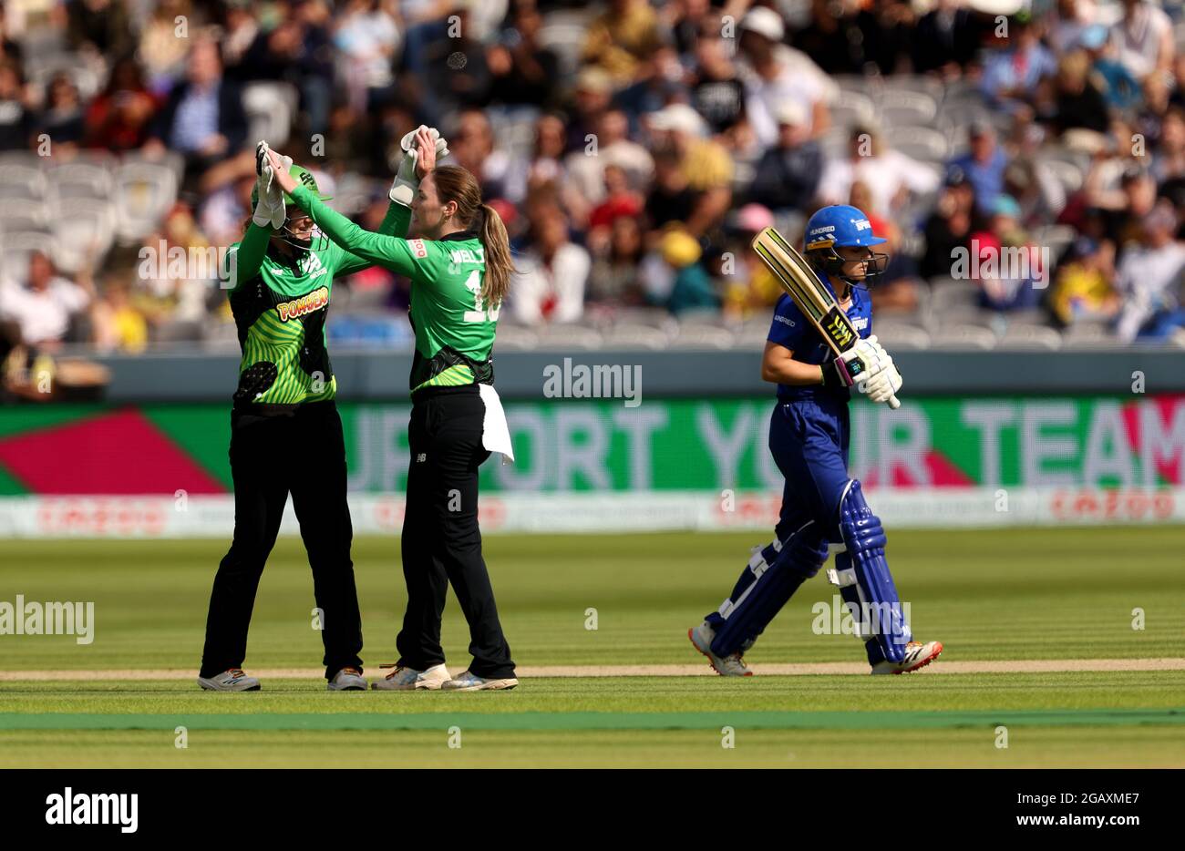 Southern BraveÕs Carla Rudd celebrates with Amanda-Jade Wellington after stubbing out London SpiritÕs Amara Carr is stub by during The Hundred match at Lord's, London. Picture date: Sunday August 1, 2021. Stock Photo