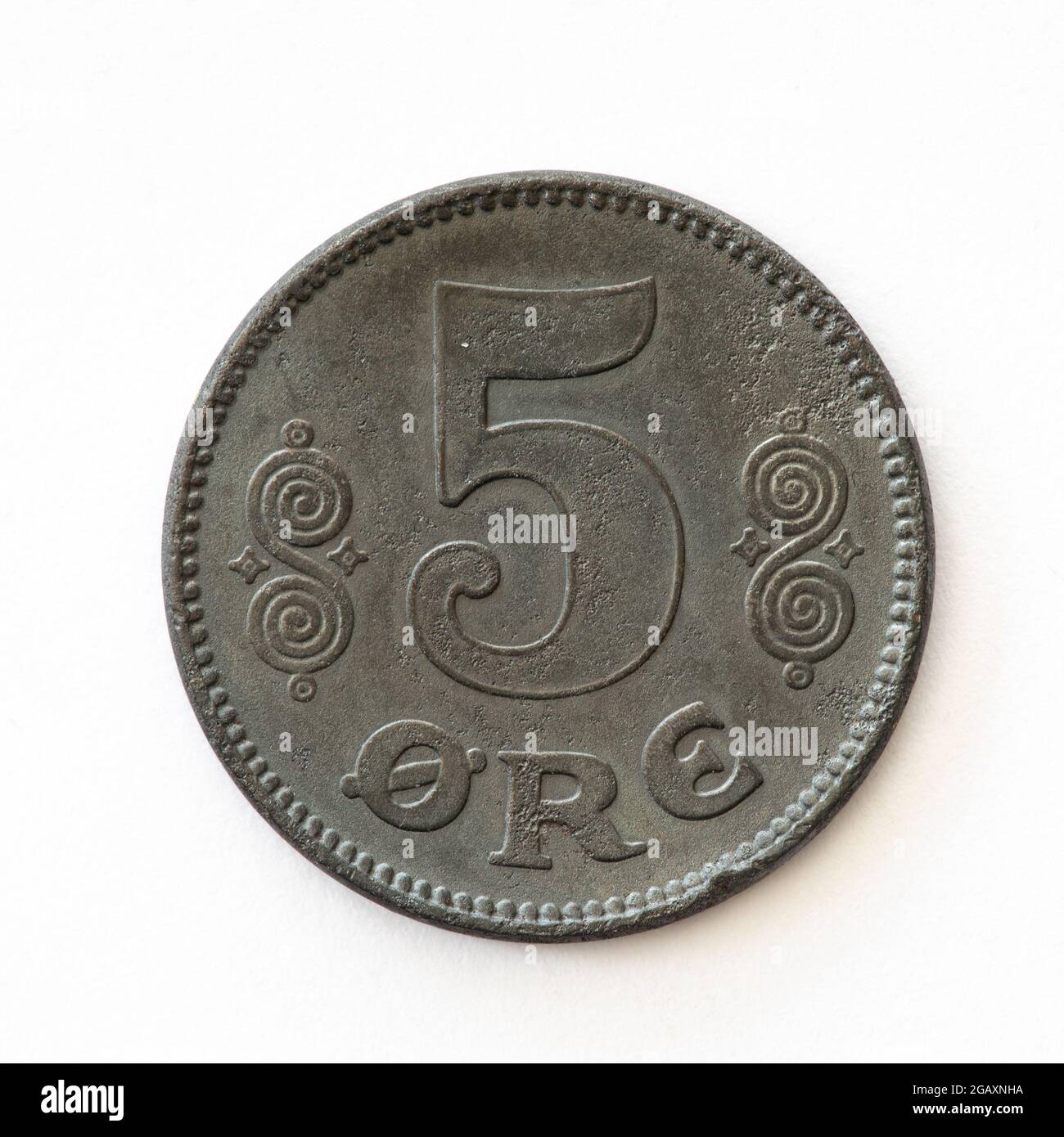 5 Ore coin from Denmark (1918) made from iron Stock Photo