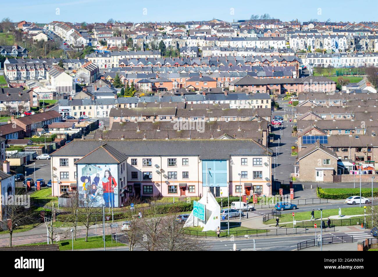 Londonderry, UK, March, 2017. Top view of Derry city Bogside residential area in a sunny day. Stock Photo