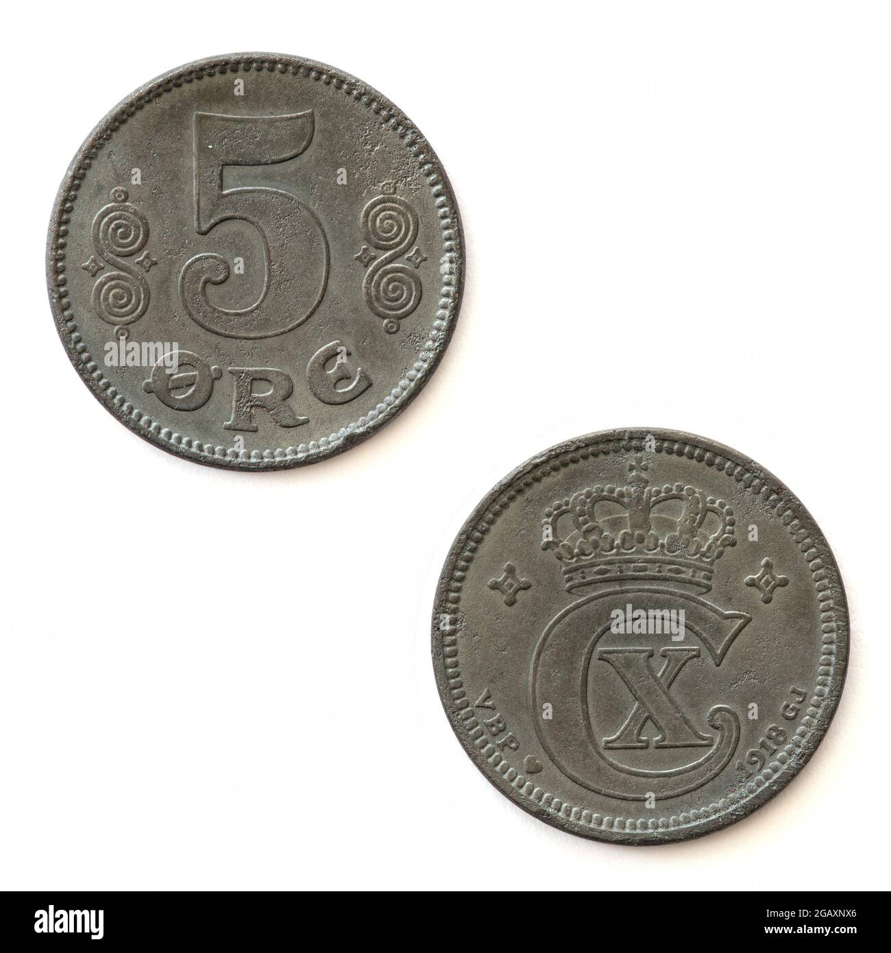 5 Ore coin from Denmark (1918) made from iron Stock Photo