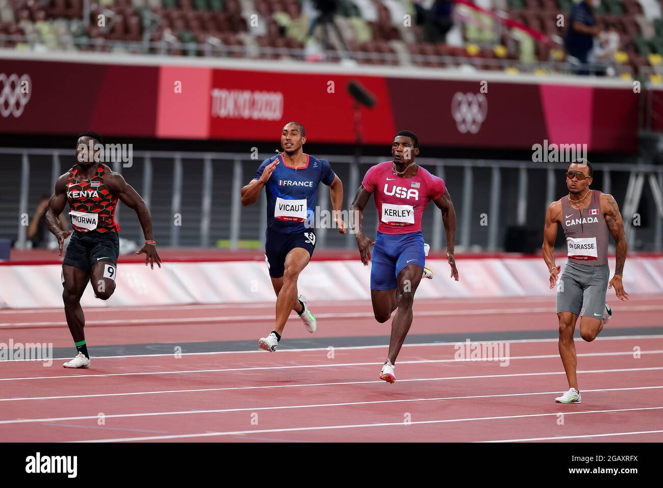 Tokyo, Japan, 1 August, 2021. From left to right, Ferdinand Omurwa of Team Kenya, Jimmy Vicaut of Team France, Fred Kerley of Team United States and Andre De Grasse of Team Canada in action during the Men's 100m Semifinal on Day 9 of the Tokyo 2020 Olympic Games . Credit: Pete Dovgan/Speed Media/Alamy Live News Stock Photo