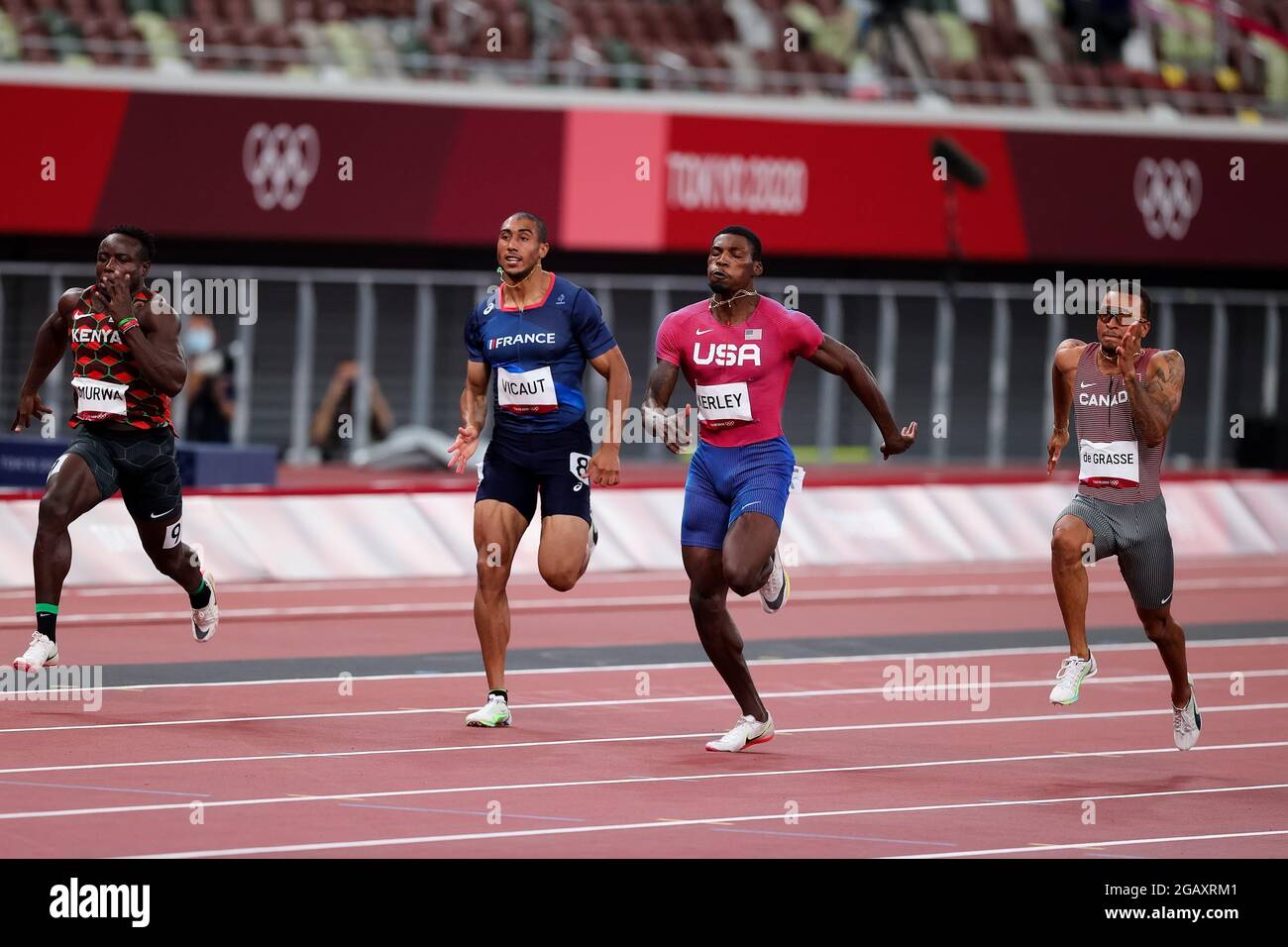 Tokyo, Japan, 1 August, 2021. From left to right, Ferdinand Omurwa of Team Kenya, Jimmy Vicaut of Team France, Fred Kerley of Team United States and Andre De Grasse of Team Canada in action during the Men's 100m Semifinal on Day 9 of the Tokyo 2020 Olympic Games . Credit: Pete Dovgan/Speed Media/Alamy Live News Stock Photo