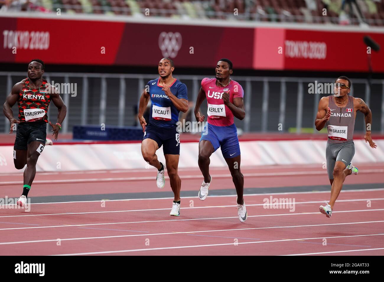 Tokyo, Japan, 1 August, 2021. From left to right, Ferdinand Omurwa of Team Kenya, Jimmy Vicaut of Team France, Fred Kerley of Team United States and Andre De Grasse of Team Canada in action during the Men's 100m Semifinal on Day 9 of the Tokyo 2020 Olympic Games . Credit: Pete Dovgan/Speed Media/Alamy Live News Stock Photo
