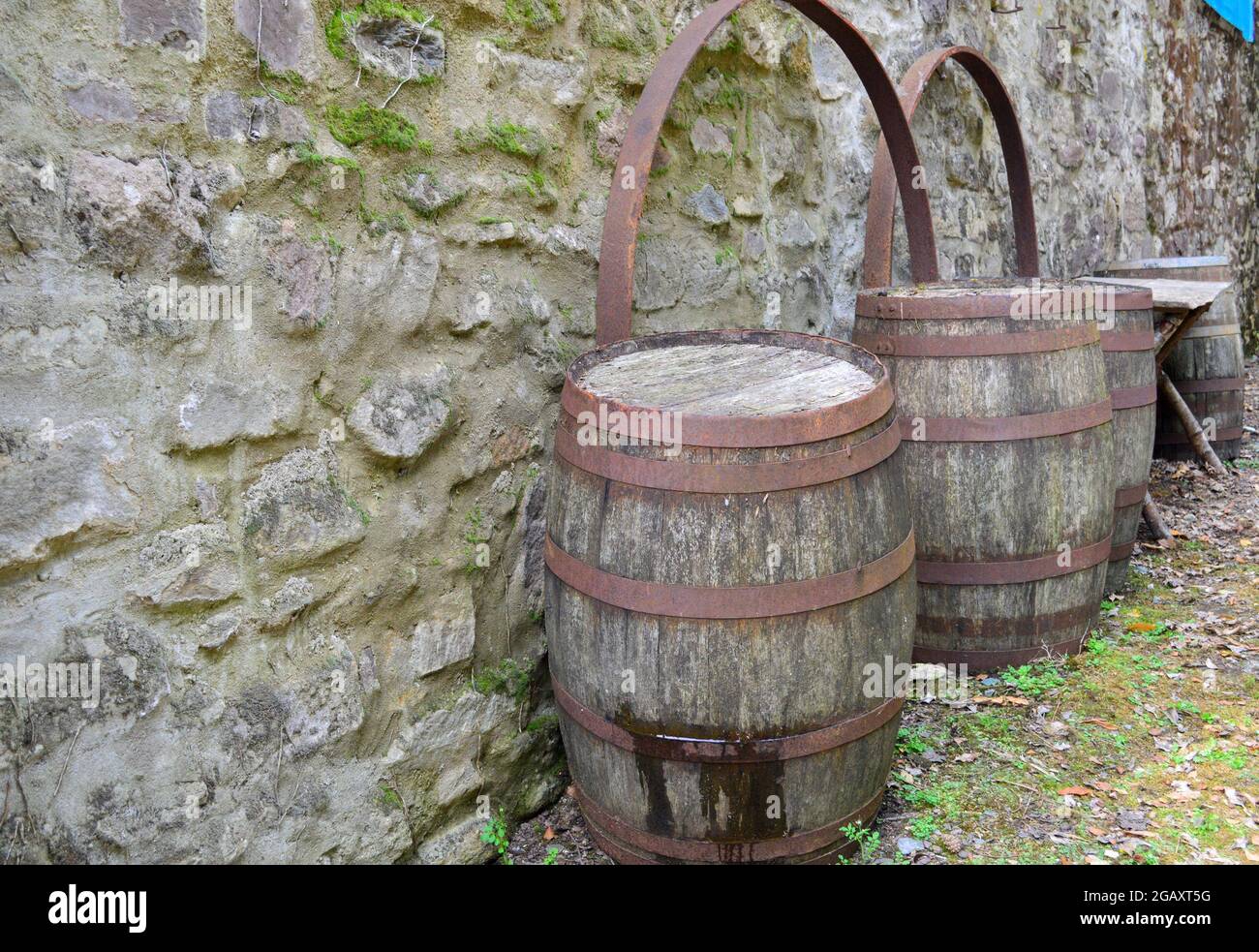 Traditional wood wine barrel inside Ulster American Folk Park in