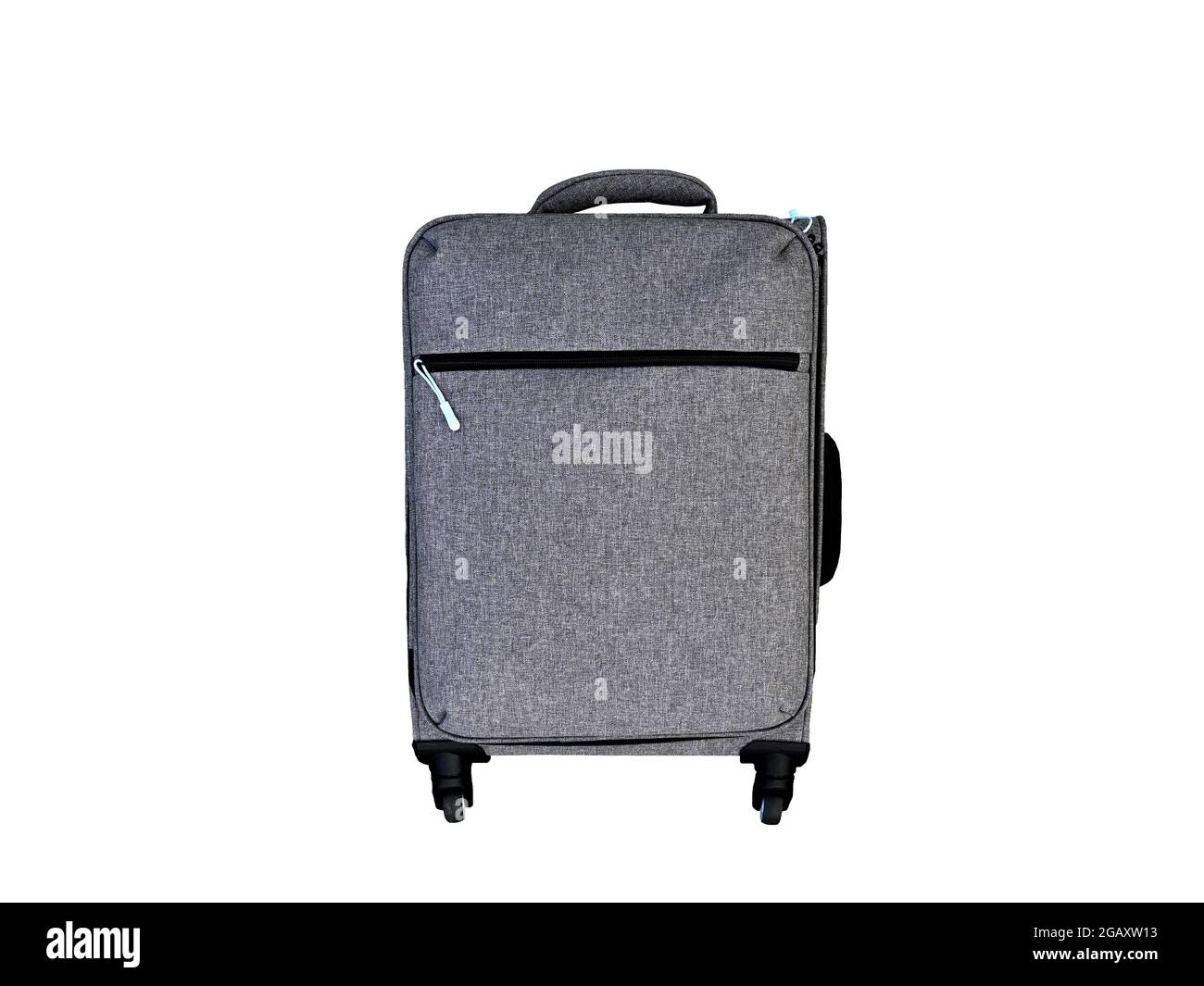 Small grey suitcase isolated on a plain white background. No people. Copy space. Stock Photo