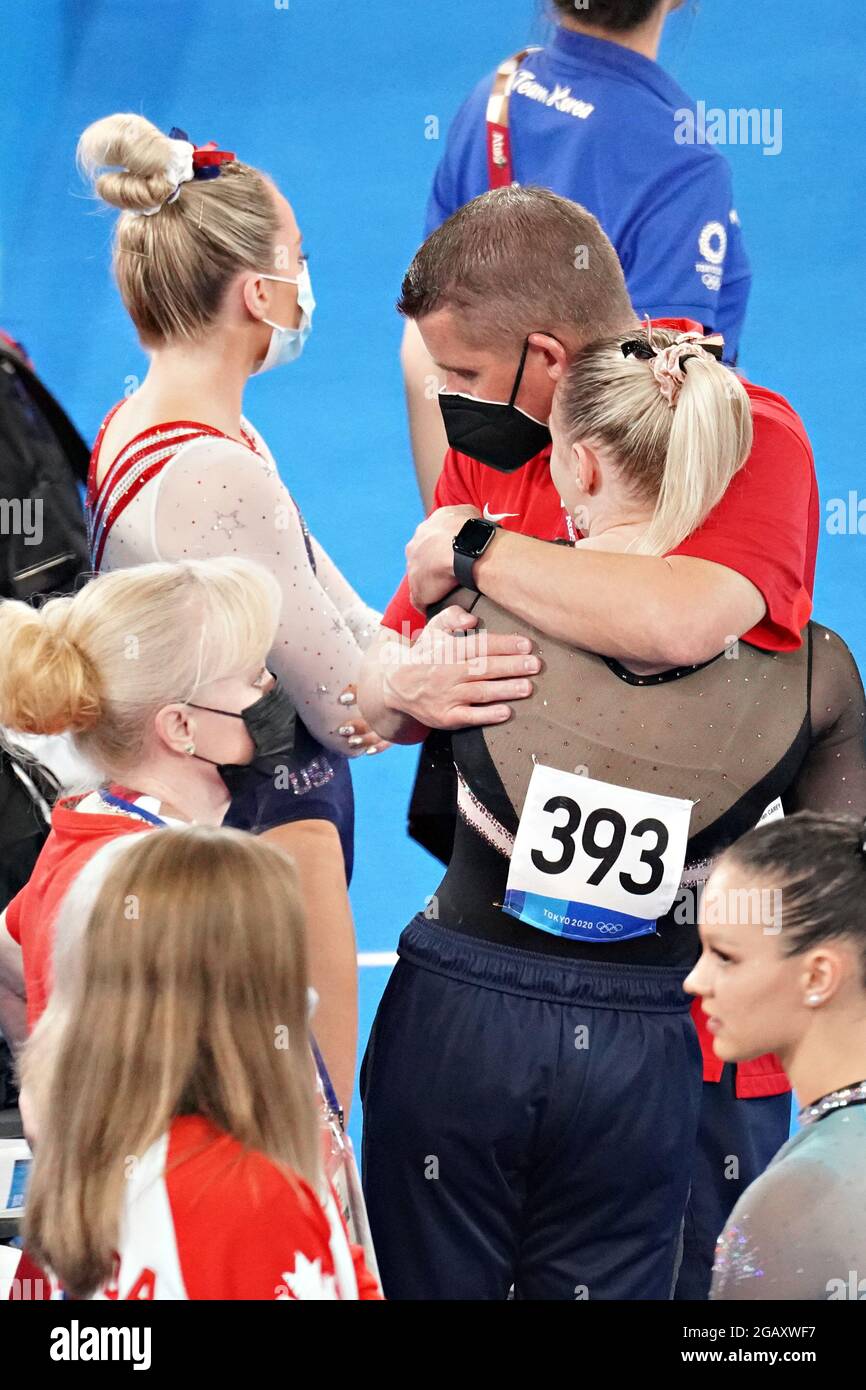 Tokyo, Japan. 01st Aug, 2021. Jade Carey, of United States, is comforted by her father and coach Brian Carey, after performing poorly in the Vault at the women's Artistic Gymnastics Individual Apparatus final at the Ariake Gymnastics Centre at the Tokyo Olympic Games in Tokyo, Japan, on Sunday, August 1, 2021. Rebeca Andrade won gold, Mykayla Skinner, of United States, silver, and Seojeong Yeo, of South Korea, the bronze. Photo by Richard Ellis/UPI Credit: UPI/Alamy Live News Stock Photo