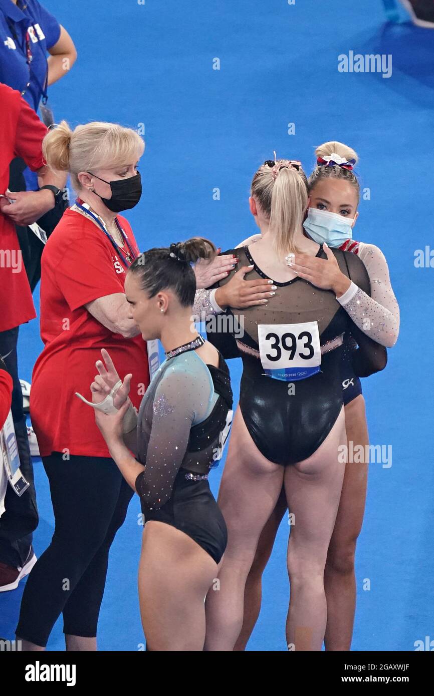 Tokyo, Japan. 01st Aug, 2021. Jade Carey, of United States, is comforted by teammate Mykayla Skinner, after performing poorly in the Vault at the women's Artistic Gymnastics Individual Apparatus final at the Ariake Gymnastics Centre at the Tokyo Olympic Games in Tokyo, Japan, on Sunday, August 1, 2021. Rebeca Andrade won gold, Mykayla Skinner, of United States, silver, and Seojeong Yeo, of South Korea, the bronze. Photo by Richard Ellis/UPI Credit: UPI/Alamy Live News Stock Photo