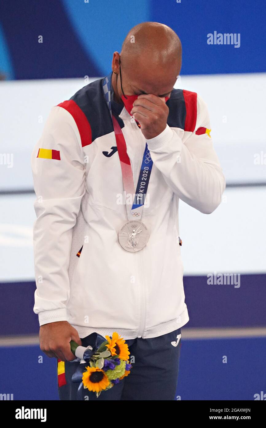 Tokyo, Japan. 01st Aug, 2021. Rayderley Zapata, of Spain, is overcome by emotion during the medal ceremony the Floor Exercises during the men's Artistic Gymnastics Individual Apparatus final at the Ariake Gymnastics Centre at the Tokyo Olympic Games in Tokyo, Japan, on Sunday, August 1, 2021. Artem Dolgopyat, of Israel, won gold, Rayderley Zapata, of Spain, won silver and Ruoteng Xiao, of China, the bronze. Photo by Richard Ellis/UPI Credit: UPI/Alamy Live News Stock Photo