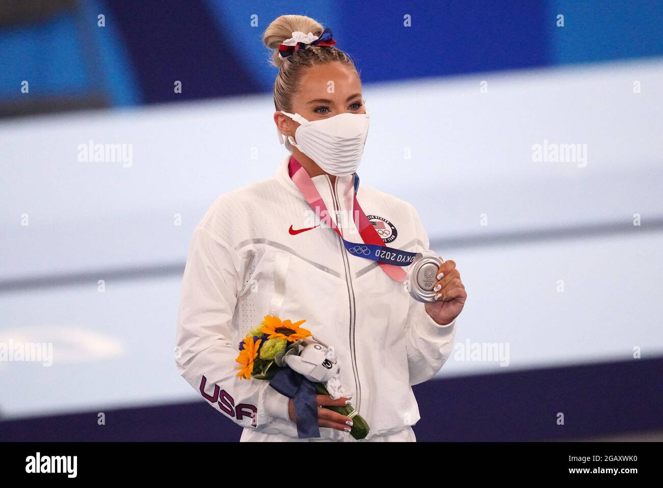 Tokyo, Japan. 01st Aug, 2021. Mykayla Skinner, of United States, during the presentation ceremony for the Vault in the women's Artistic Gymnastics Individual Apparatus final at the Ariake Gymnastics Centre at the Tokyo Olympic Games in Tokyo, Japan, on Sunday, August 1, 2021. Rebeca Andrade won gold, Mykayla Skinner, of United States, silver, and Seojeong Yeo, of South Korea, the bronze. Photo by Richard Ellis/UPI Credit: UPI/Alamy Live News Stock Photo