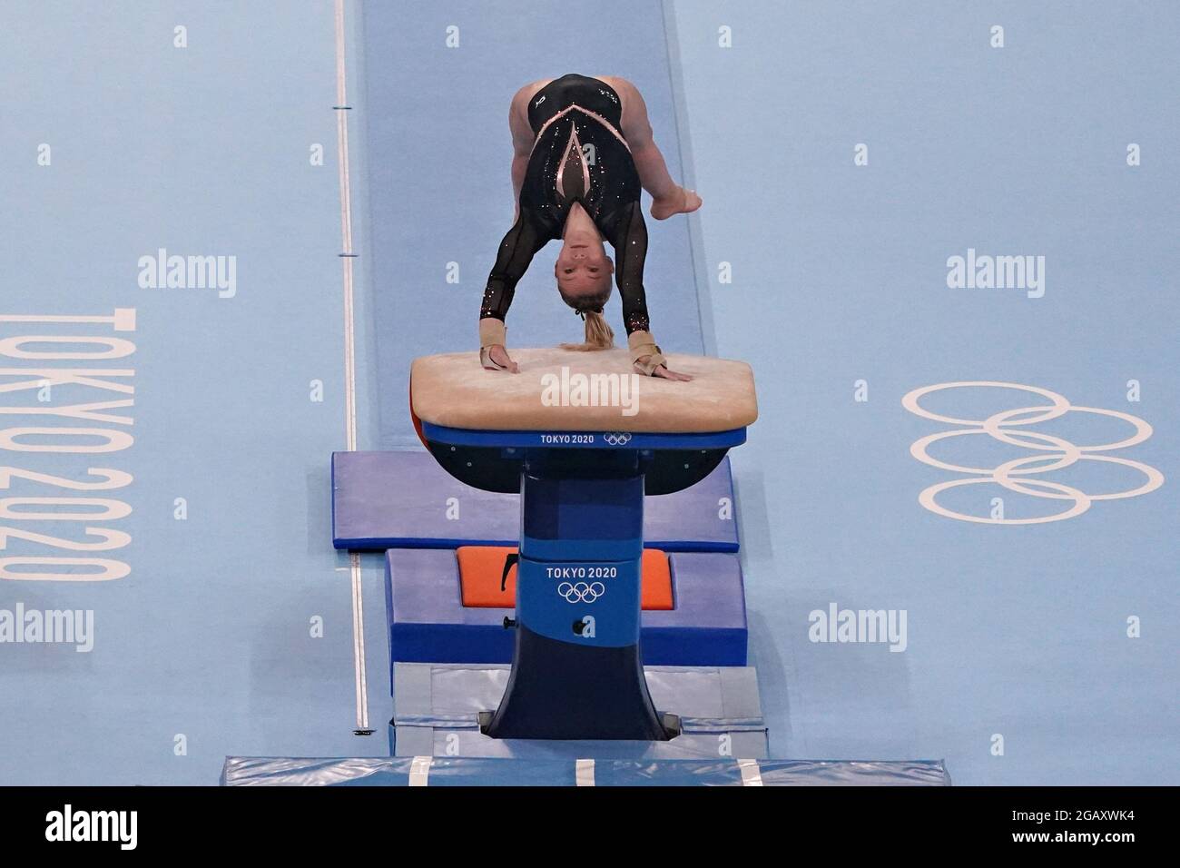 Tokyo, Japan. 01st Aug, 2021. Jade Carey, of United States, executes her second vault in the women's Artistic Gymnastics Individual Apparatus final at the Ariake Gymnastics Centre at the Tokyo Olympic Games in Tokyo, Japan, on Sunday, August 1, 2021. Rebeca Andrade won gold, Mykayla Skinner, of United States, silver, and Seojeong Yeo, of South Korea, the bronze. Photo by Richard Ellis/UPI Credit: UPI/Alamy Live News Stock Photo