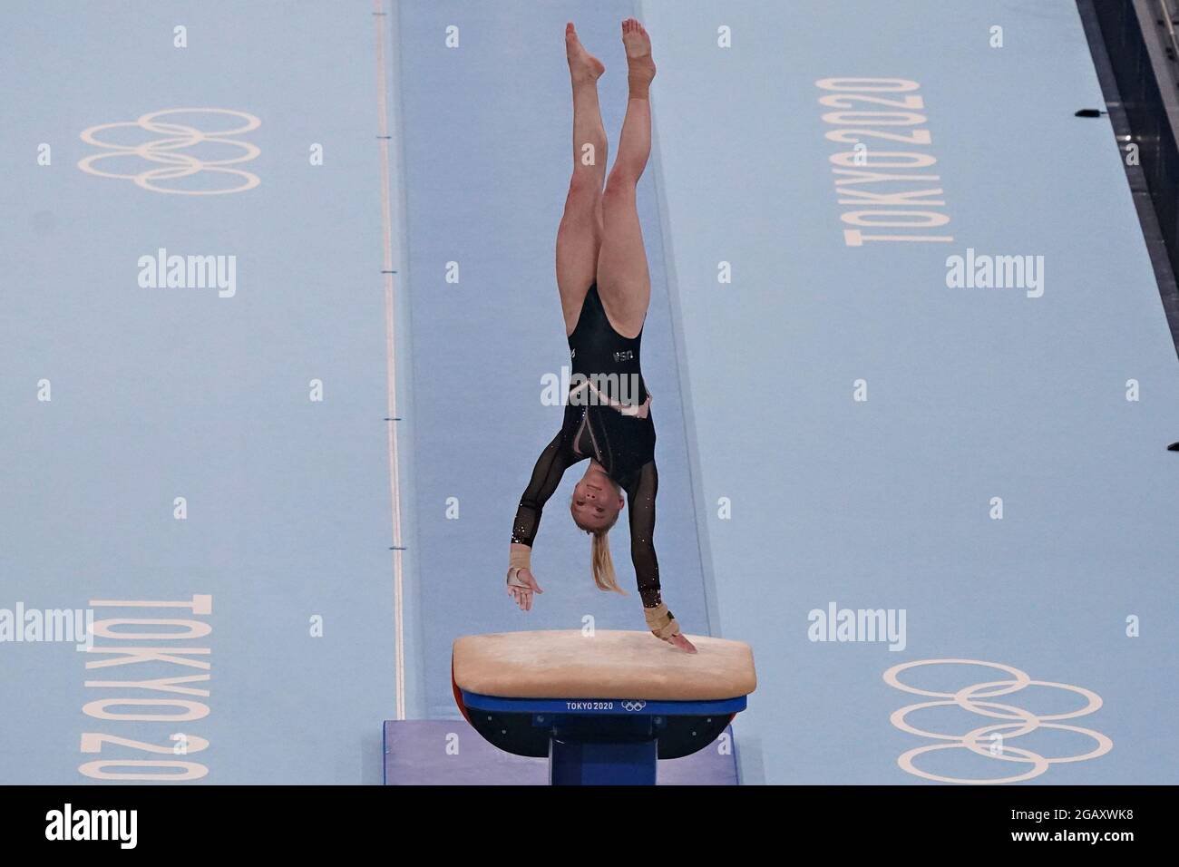 Tokyo, Japan. 01st Aug, 2021. Jade Carey, of United States, executes her second vault in the women's Artistic Gymnastics Individual Apparatus final at the Ariake Gymnastics Centre at the Tokyo Olympic Games in Tokyo, Japan, on Sunday, August 1, 2021. Rebeca Andrade won gold, Mykayla Skinner, of United States, silver, and Seojeong Yeo, of South Korea, the bronze. Photo by Richard Ellis/UPI Credit: UPI/Alamy Live News Stock Photo