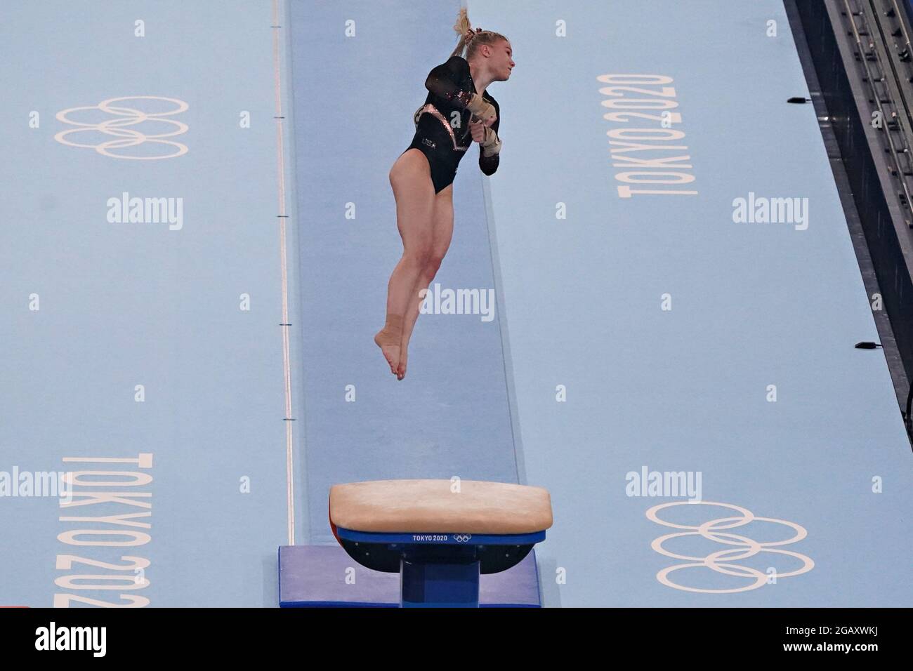 Tokyo, Japan. 01st Aug, 2021. Jade Carey, of United States, executes her second vault in the women's Artistic Gymnastics Individual Apparatus final at the Ariake Gymnastics Centre at the Tokyo Olympic Games in Tokyo, Japan, on Sunday, August 1, 2021. Rebeca Andrade won gold, Mykayla Skinner, of United States, silver, and Seojeong Yeo, of South Korea, the bronze. Photo by Richard Ellis/UPI Credit: UPI/Alamy Live News Stock Photo