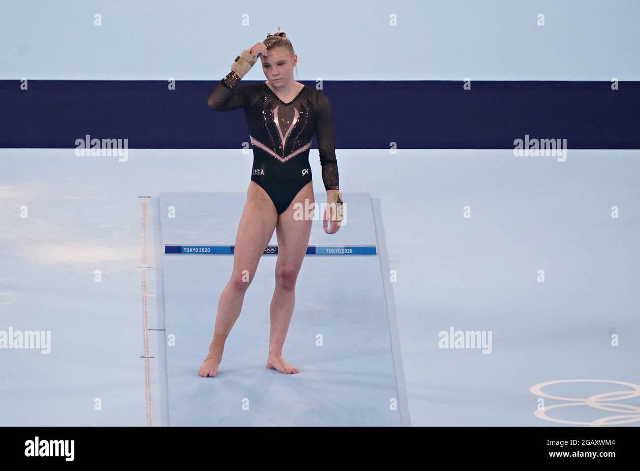 Tokyo, Japan. 01st Aug, 2021. Jade Carey, of United States, concentrates after failing to complete her routine in the Vault in the women's Artistic Gymnastics Individual Apparatus final at the Ariake Gymnastics Centre at the Tokyo Olympic Games in Tokyo, Japan, on Sunday, August 1, 2021. Rebeca Andrade won gold, Mykayla Skinner, of United States, silver, and Seojeong Yeo, of South Korea, the bronze. Photo by Richard Ellis/UPI Credit: UPI/Alamy Live News Stock Photo