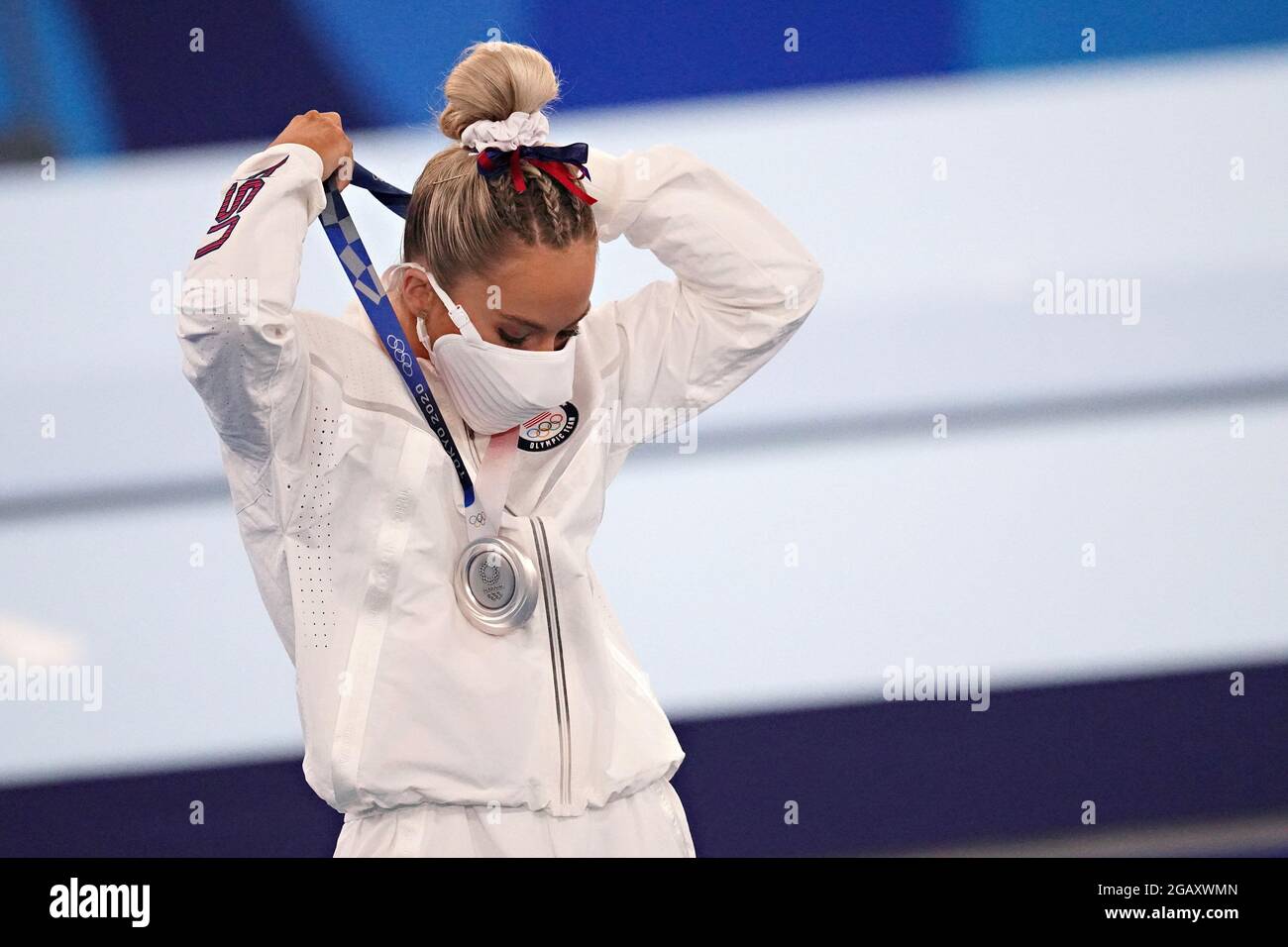 Tokyo, Japan. 01st Aug, 2021. Mykayla Skinner, of United States, during the presentation ceremony for the Vault in the women's Artistic Gymnastics Individual Apparatus final at the Ariake Gymnastics Centre at the Tokyo Olympic Games in Tokyo, Japan, on Sunday, August 1, 2021. Rebeca Andrade won gold, Mykayla Skinner, of United States, silver, and Seojeong Yeo, of South Korea, the bronze. Photo by Richard Ellis/UPI Credit: UPI/Alamy Live News Stock Photo