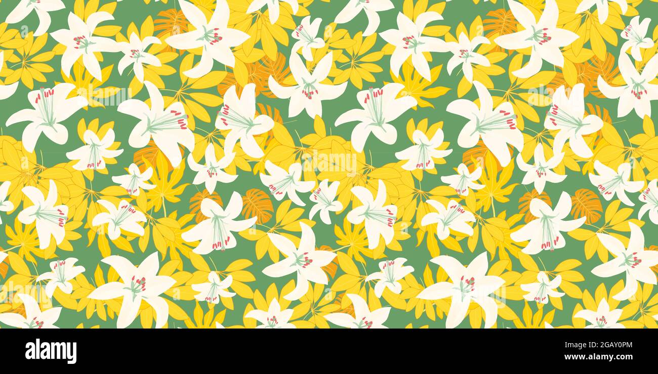 seamless pattern with tropical leaves and lilies Stock Vector Image ...
