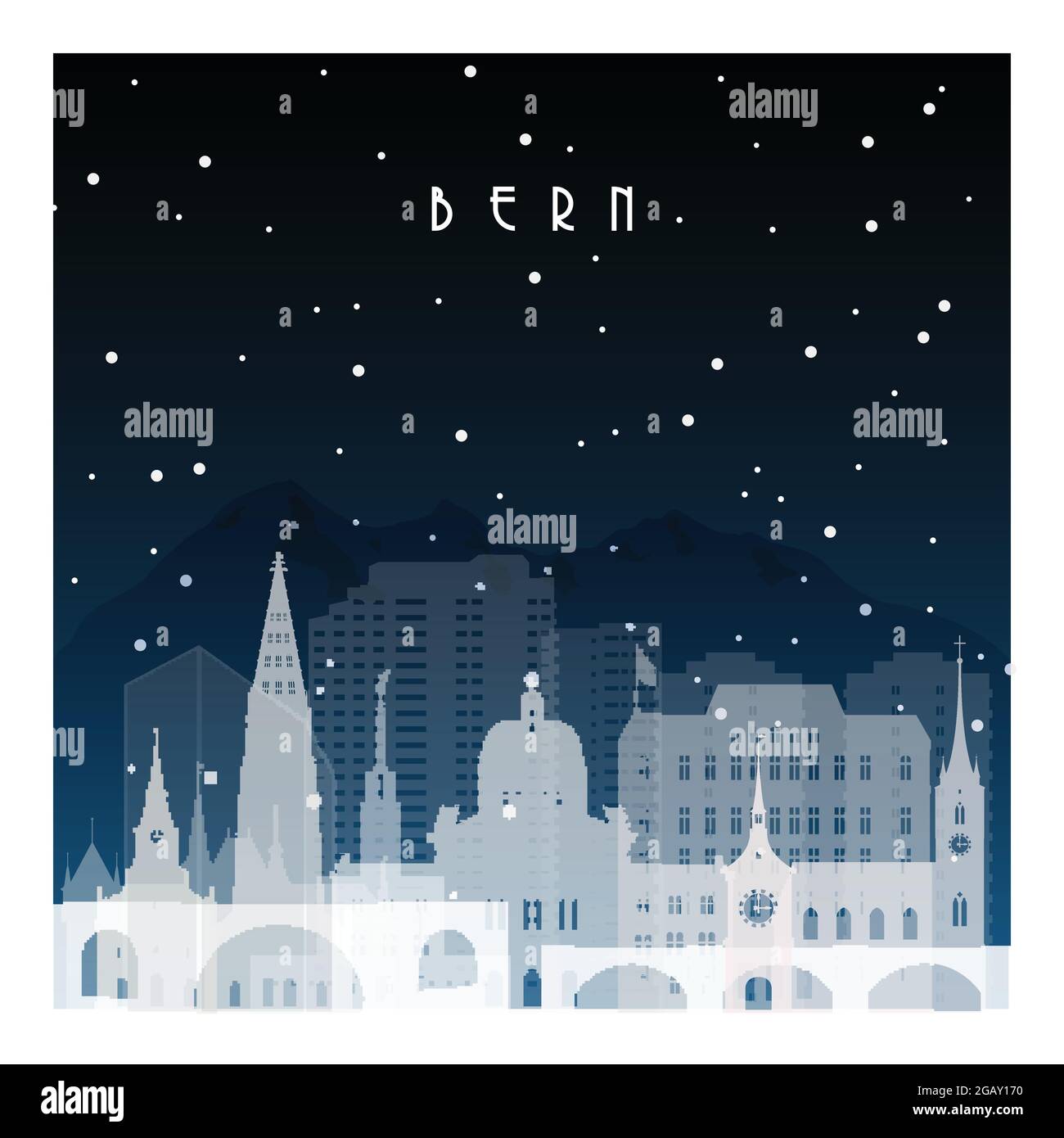 Winter night in Bern. Night city in flat style for banner, poster, illustration, background. Stock Vector