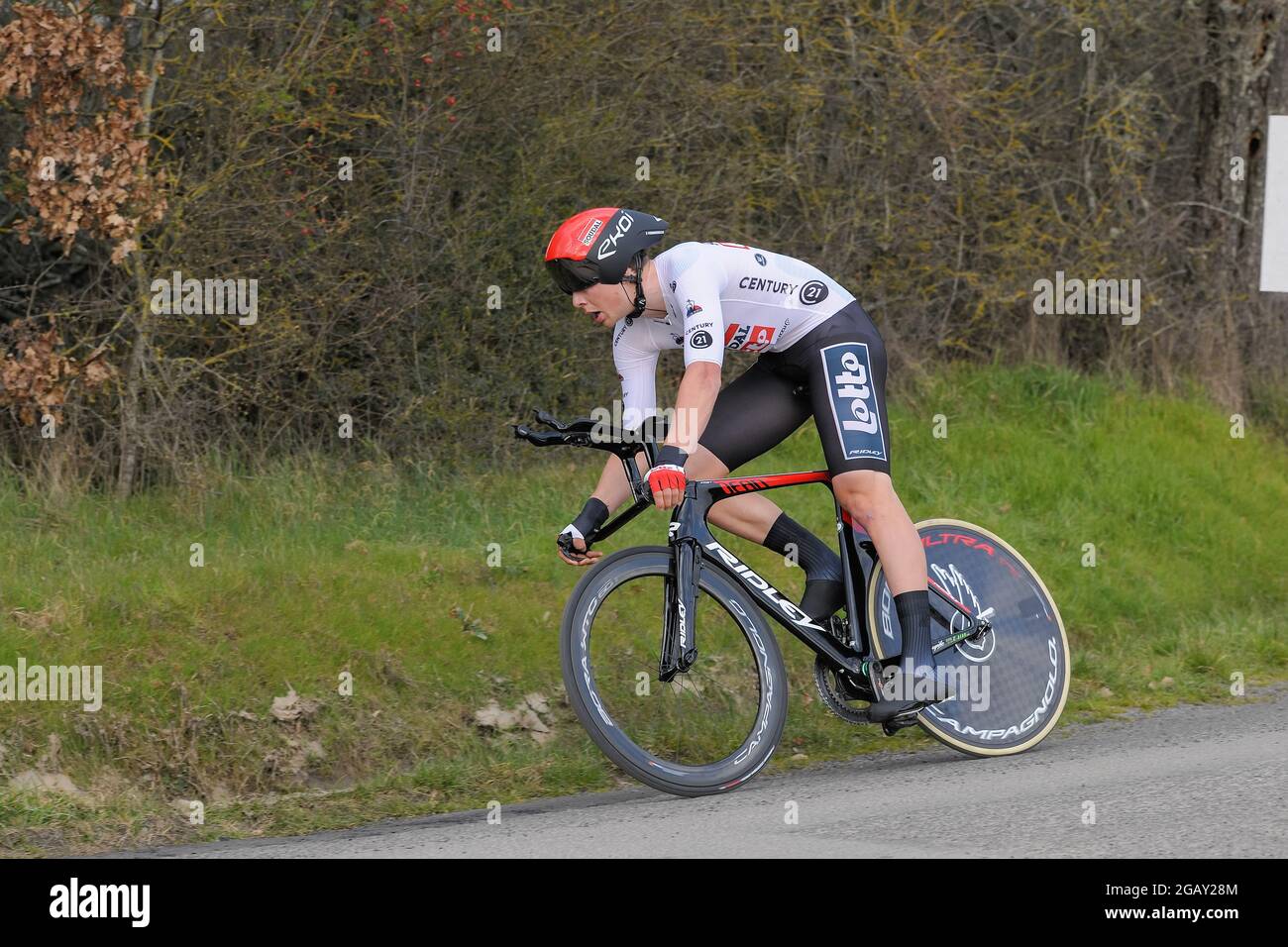 Gien, France. 09th Mar, 2021. Florient Vermeersch (team Lotto Soudal) in action during the 3rd stage of Paris-Nice cycling race.The 3rd stage is an individual time trial of 14, 4 kilometers around the city of Gien (Burgundy). The winner of the stage is the Swiss rider Stefan Biffegger from the EF Education - Nippo team. Credit: SOPA Images Limited/Alamy Live News Stock Photo